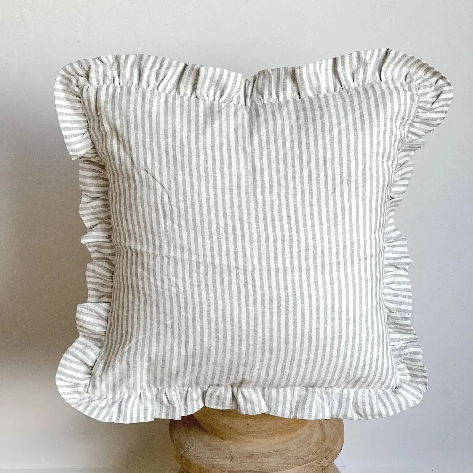 Pure Linen Ruffle Cushion Cover - Grey Stripe Mama and Tochter