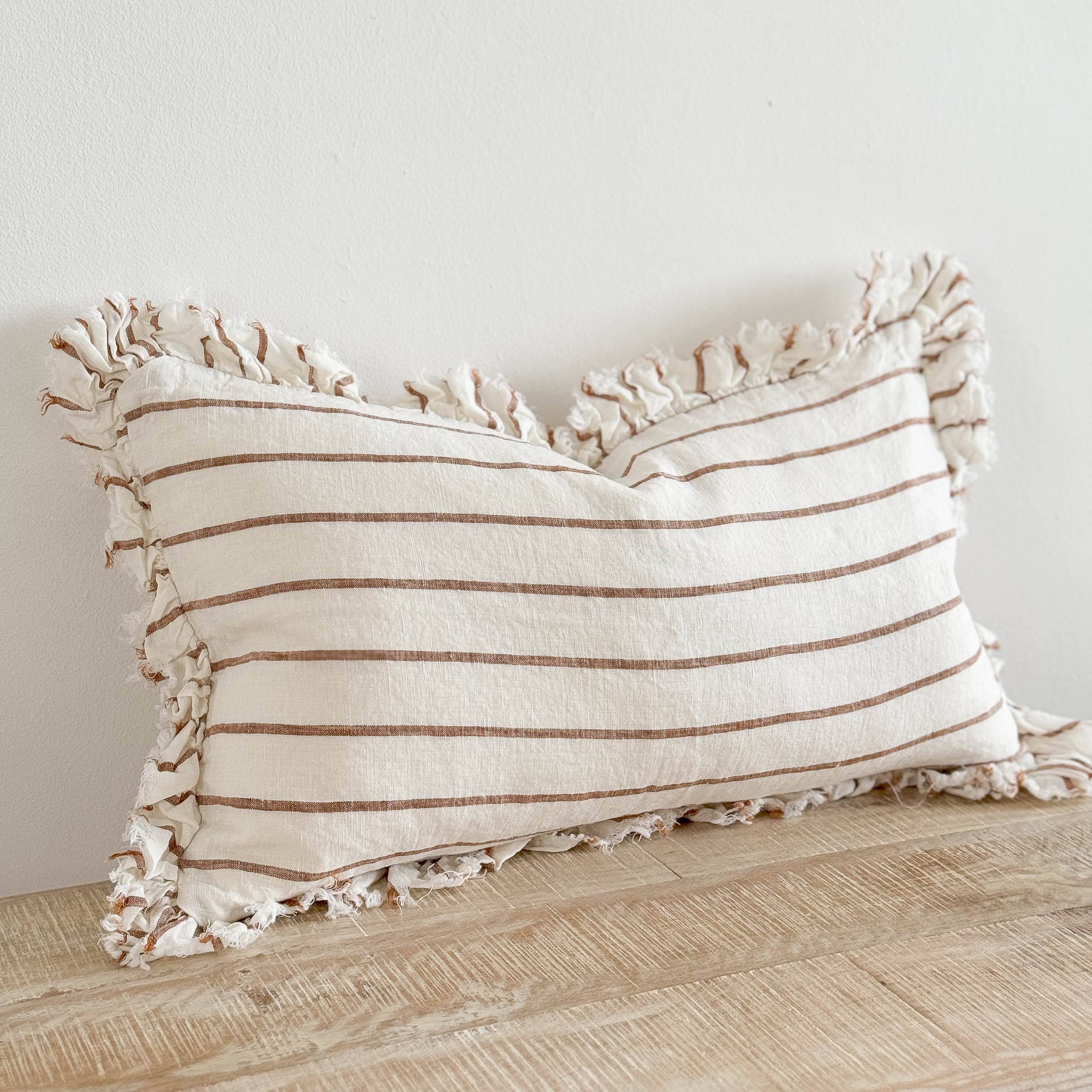 Hallie Ruffled Linen Cushion Cover – Brown & Cream Stripe 50cm × 30cm Ellenvale Trade