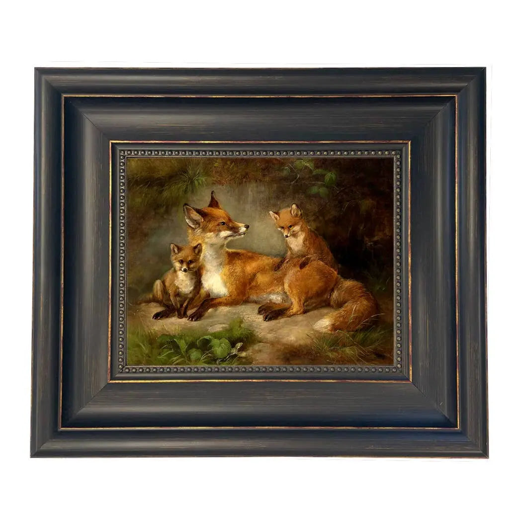 Family of Foxes – Vintage Painting Print on Canvas (Wide Distressed Black/Copper-Bead Frame)