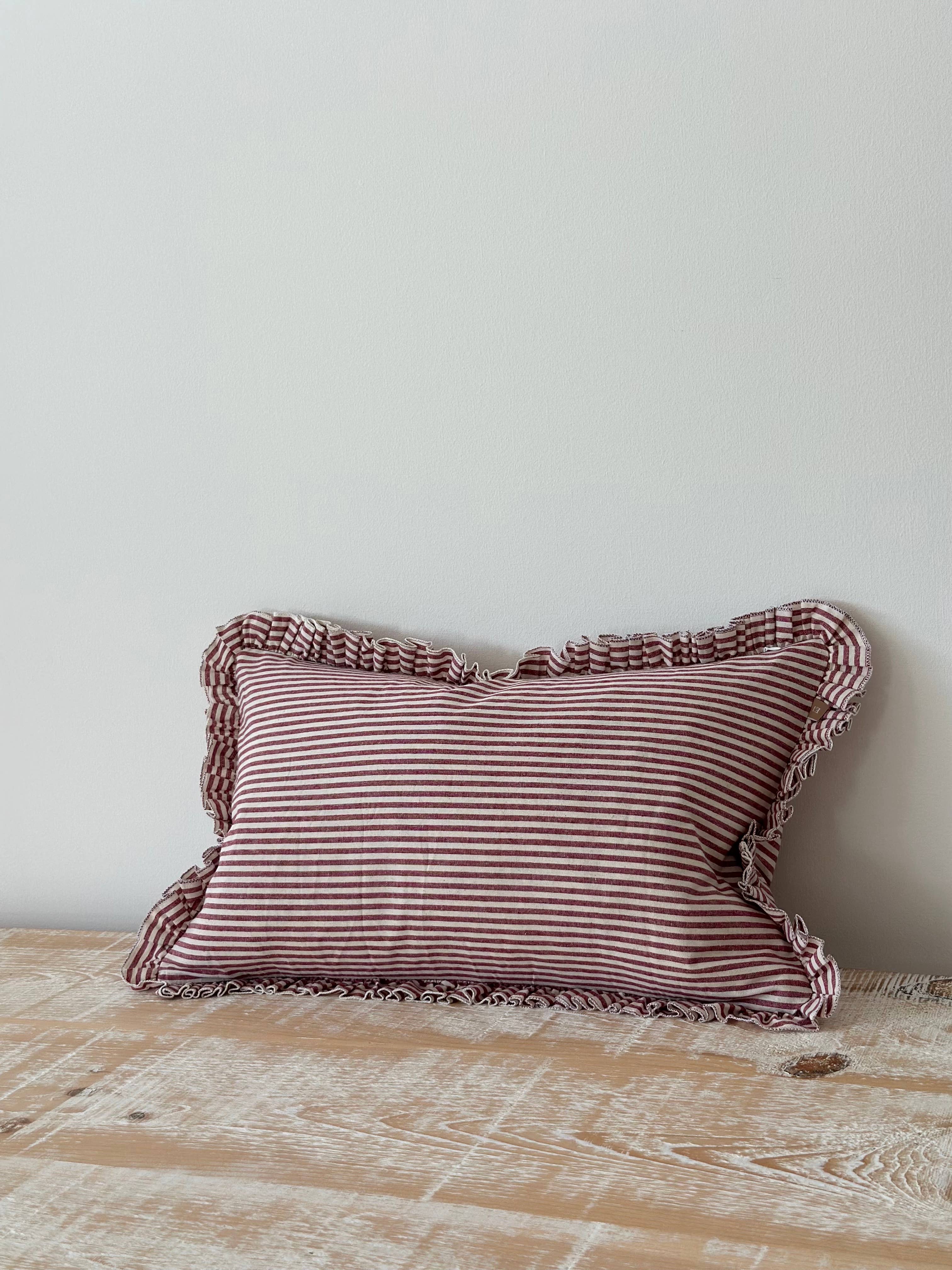 Darcy Ruffle Cotton Cushion Cover – Burgundy Stripe 50×30cm Ellenvale Trade