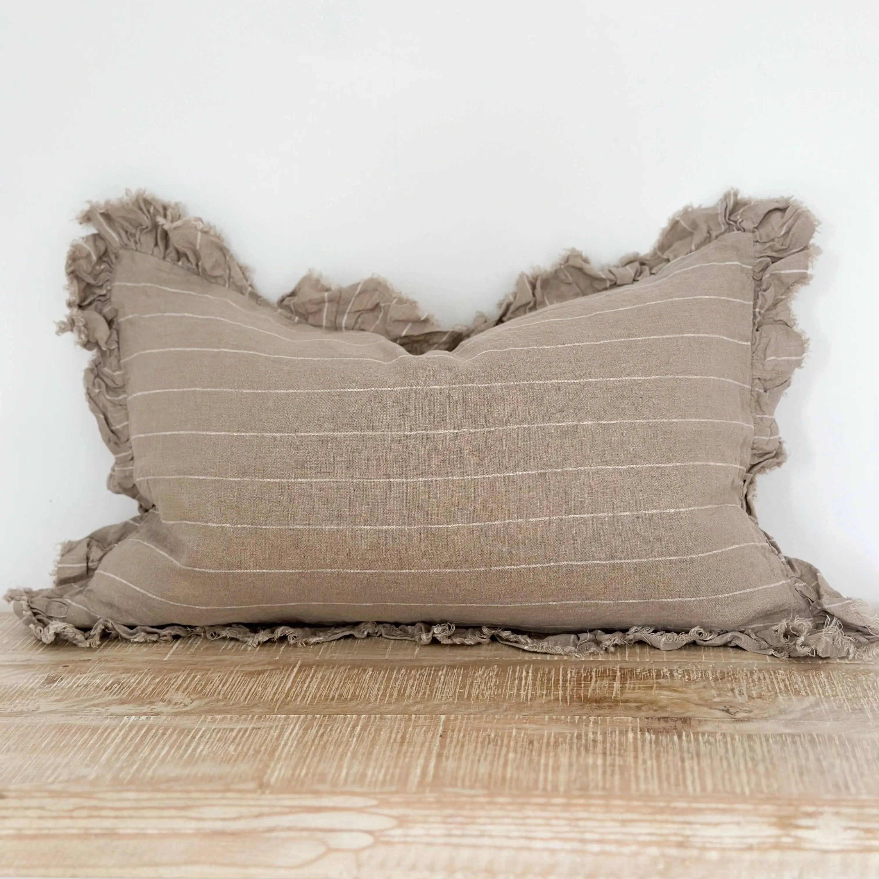 Hallie Ruffled Linen Cushion Cover 50x30 – Beige Stripe Ellenvale Trade