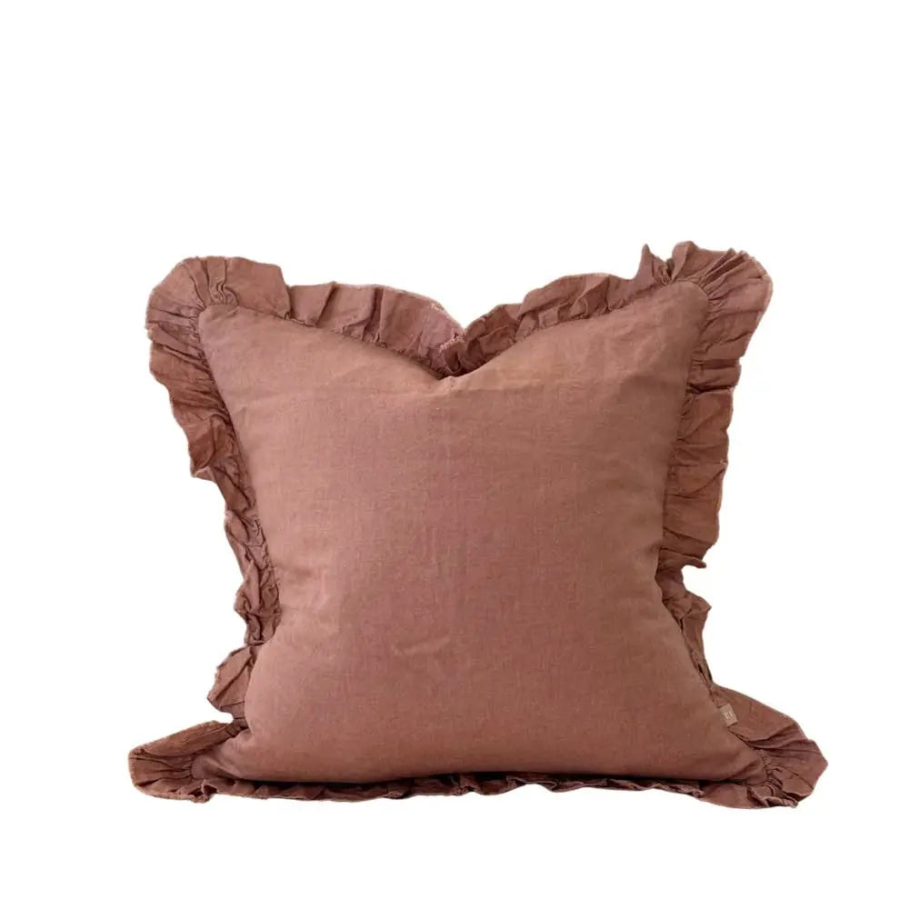 Hallie Dusty Pink Linen Ruffle Cushion Cover – 65 × 65 cm