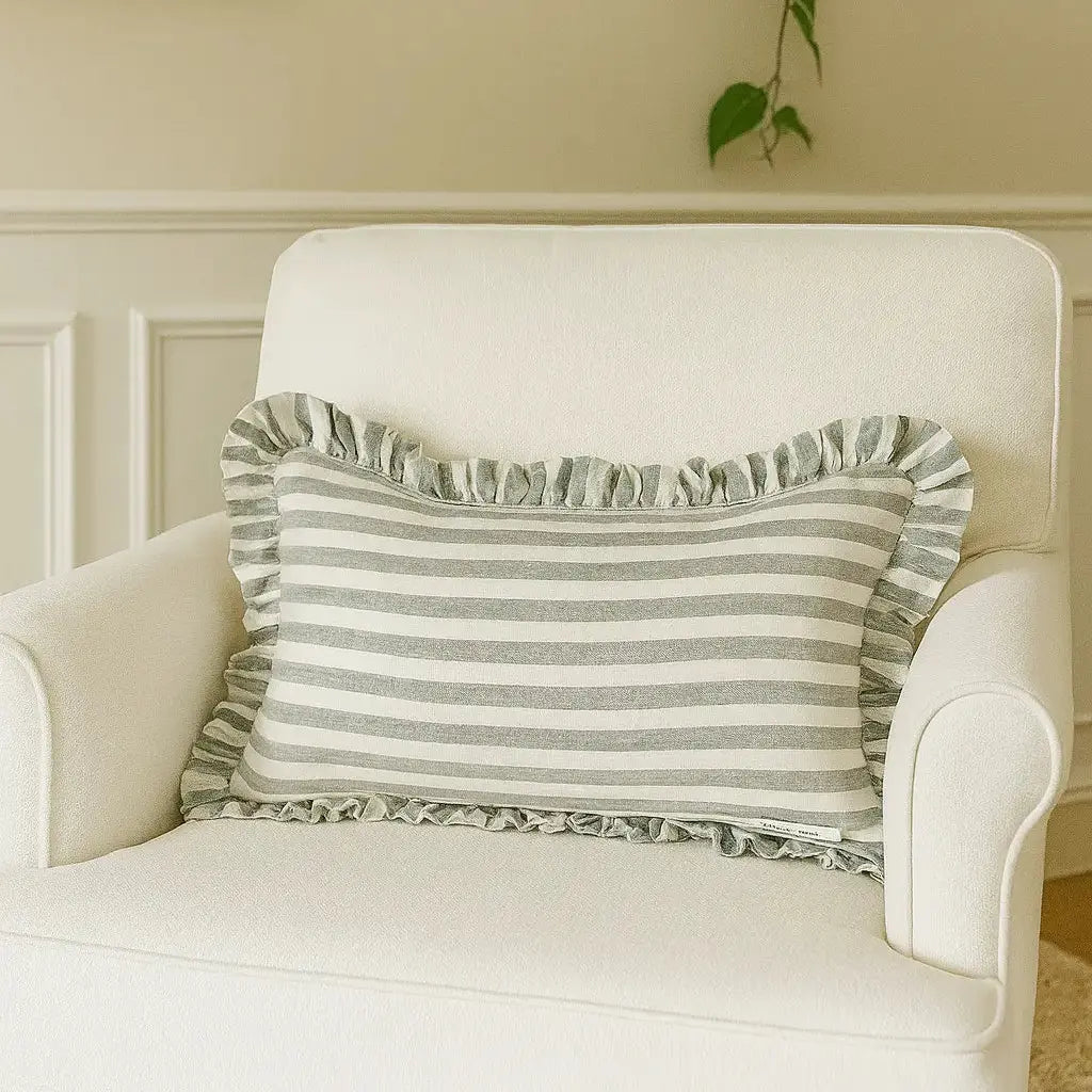 Pure French Linen Ruffle Lumbar Cushion Cover - Sage Stripe 30x50cm Mama and Tochter