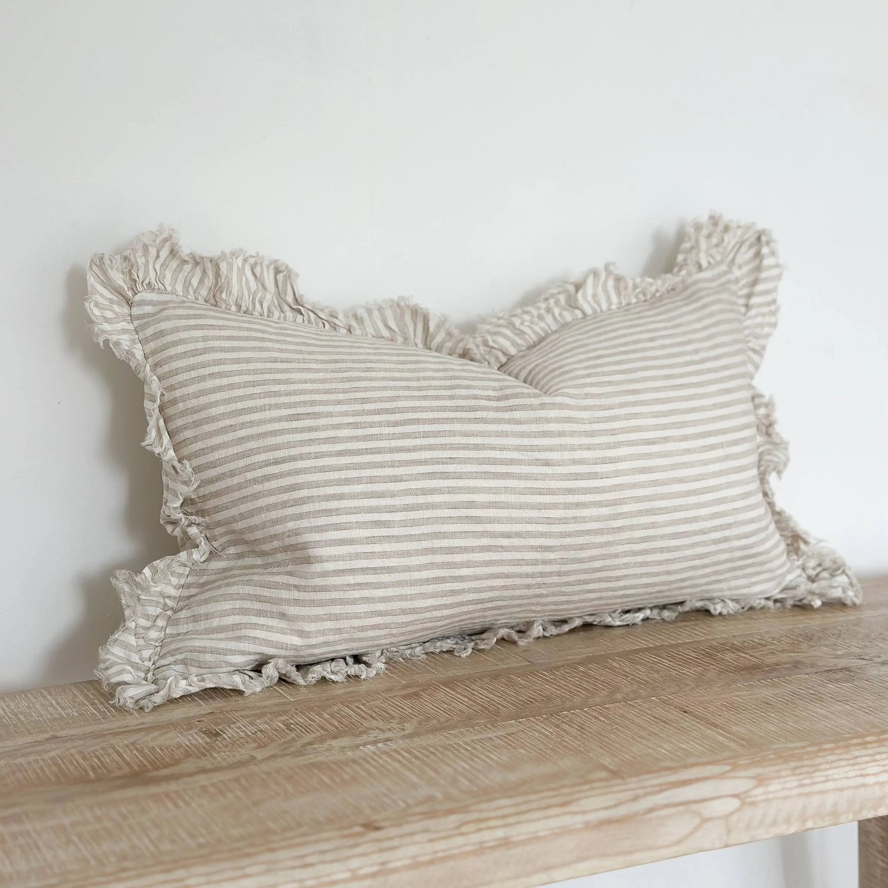 Hallie Ruffled Linen Cushion Cover – Natural Beige Stripe 50 x 30 cm Ellenvale Trade
