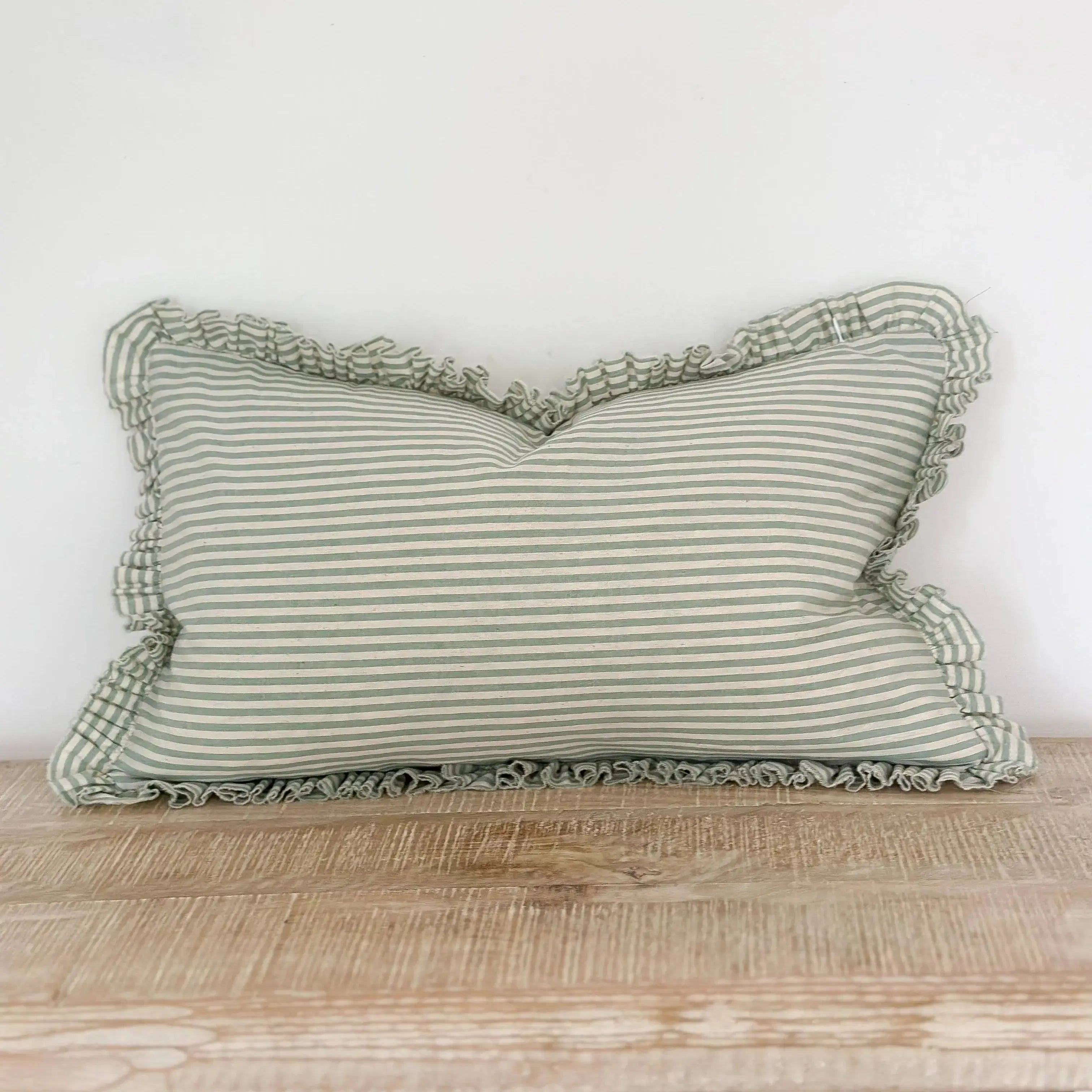 Darcy Ruffle Cotton Cushion Cover 50x30 – Sage Green Stripe Ellenvale Trade