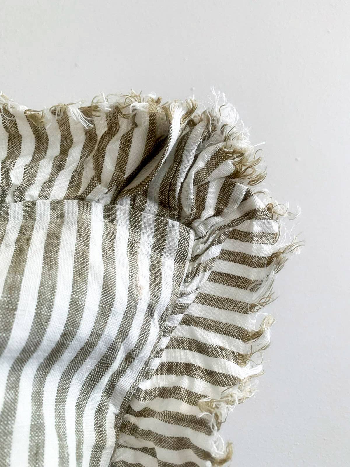 Pure French Linen Frayed Edge Ruffle Cushion Cover - Olive Pinstripes - 45x45 Mama and Tochter