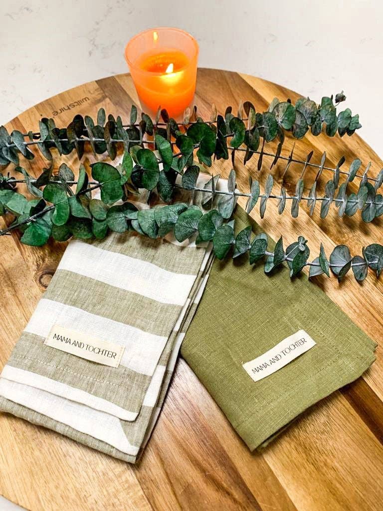 Pure French Linen Tea Towel - Wide Olive Stripe Mama and Tochter