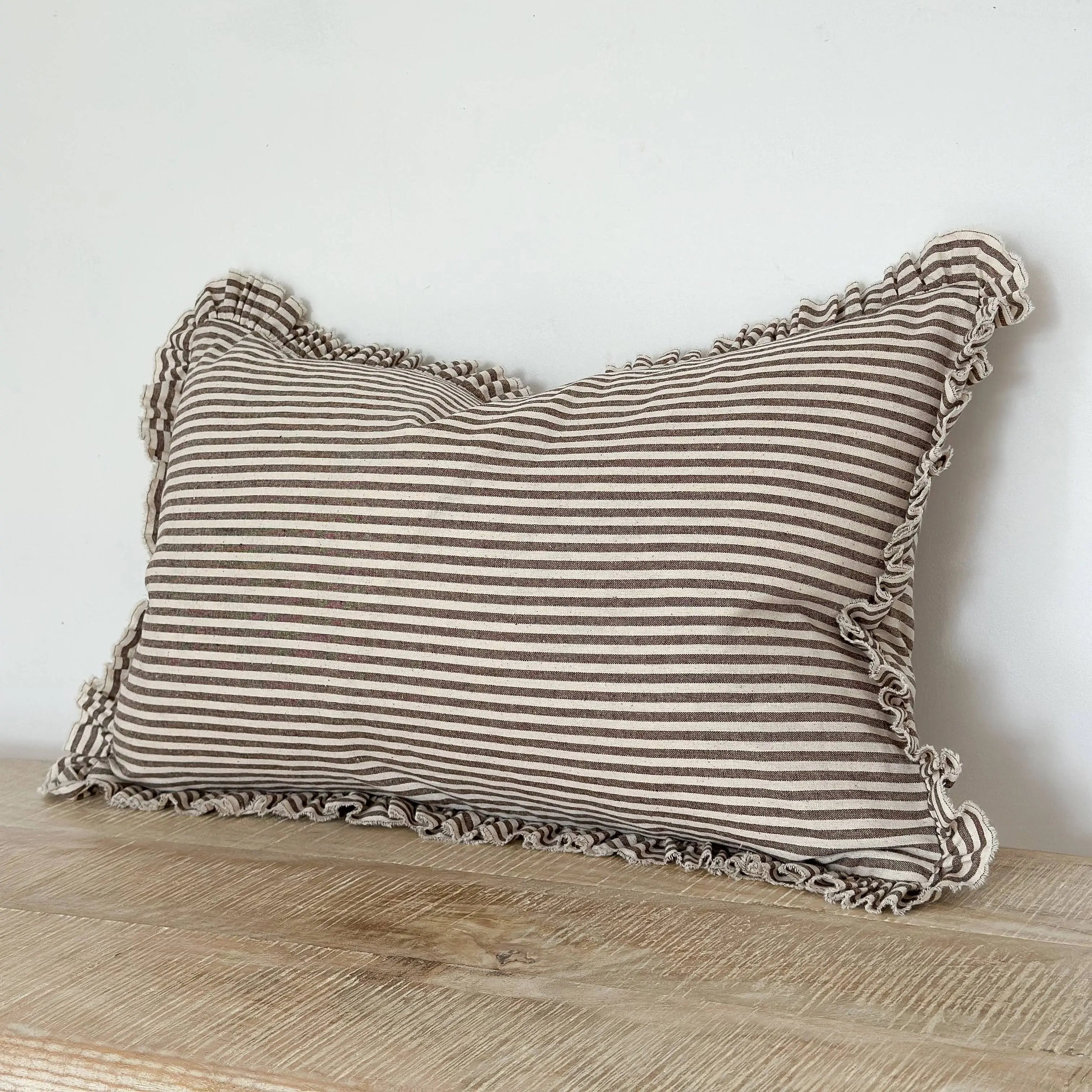 Darcy Ruffle Cotton Cushion Cover 50x30 – Dark Brown Stripe Ellenvale Trade