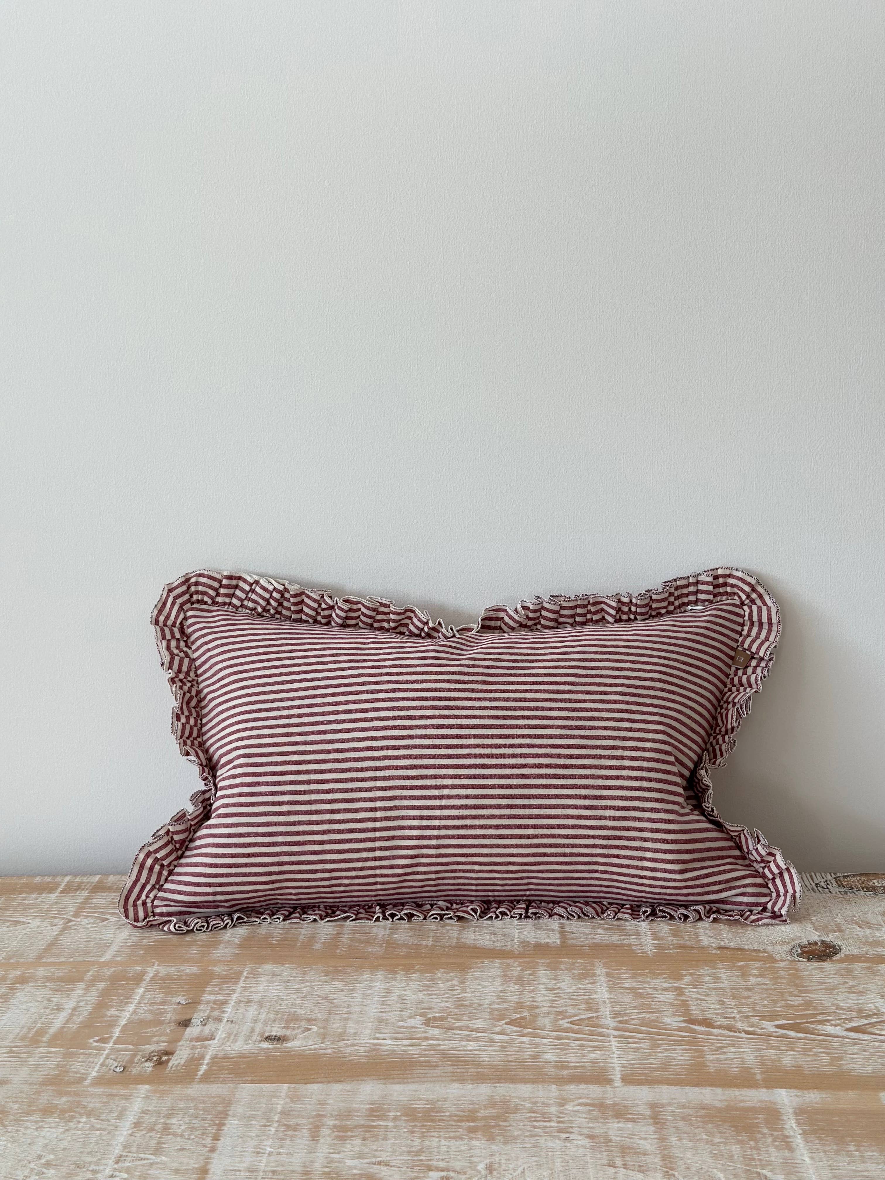 Darcy Ruffle Cotton Cushion Cover – Burgundy Stripe 50×30cm Ellenvale Trade