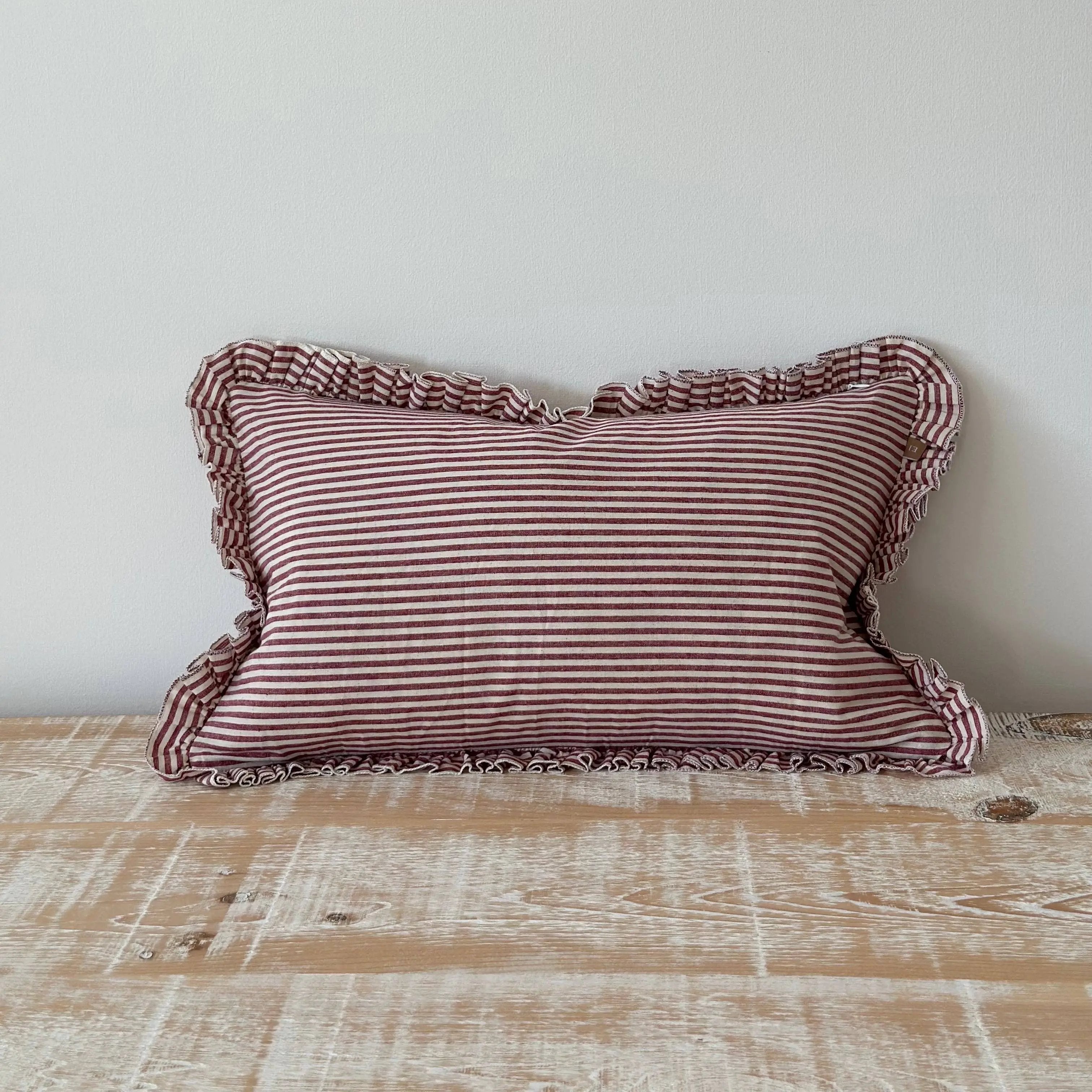 Darcy Ruffle Cotton Cushion Cover – Burgundy Stripe 50×30cm Ellenvale Trade