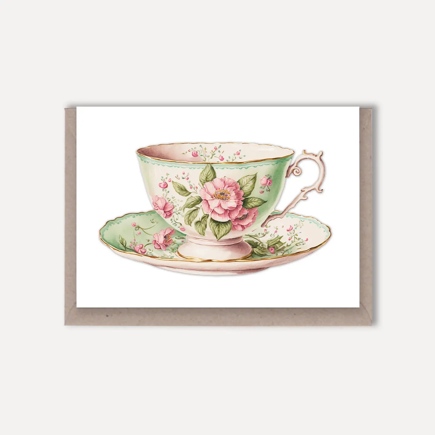 Vintage Teacup blank greeting card - Light Green & Pink Scattered Seed Co