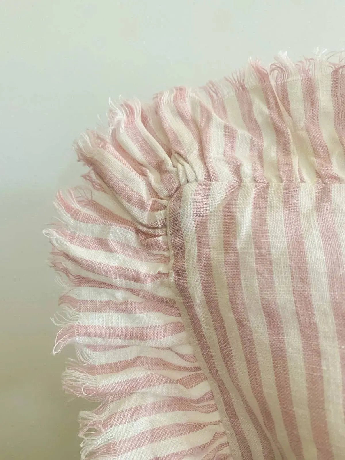 Pure French Linen Frayed Edge Ruffle Cushion Cover - Pink Pinstripes Mama and Tochter