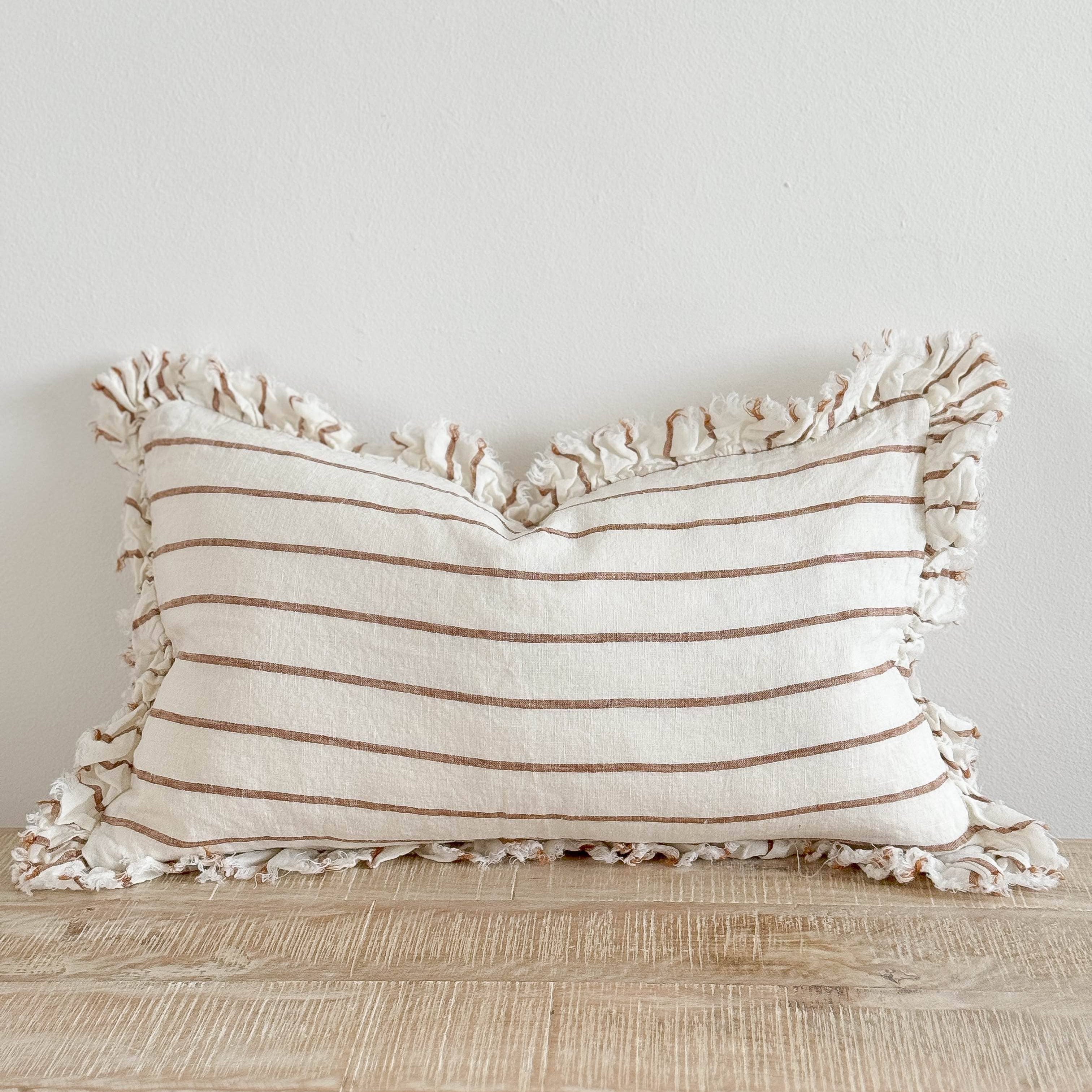 Hallie Ruffled Linen Cushion Cover – Brown & Cream Stripe 50cm × 30cm Ellenvale Trade