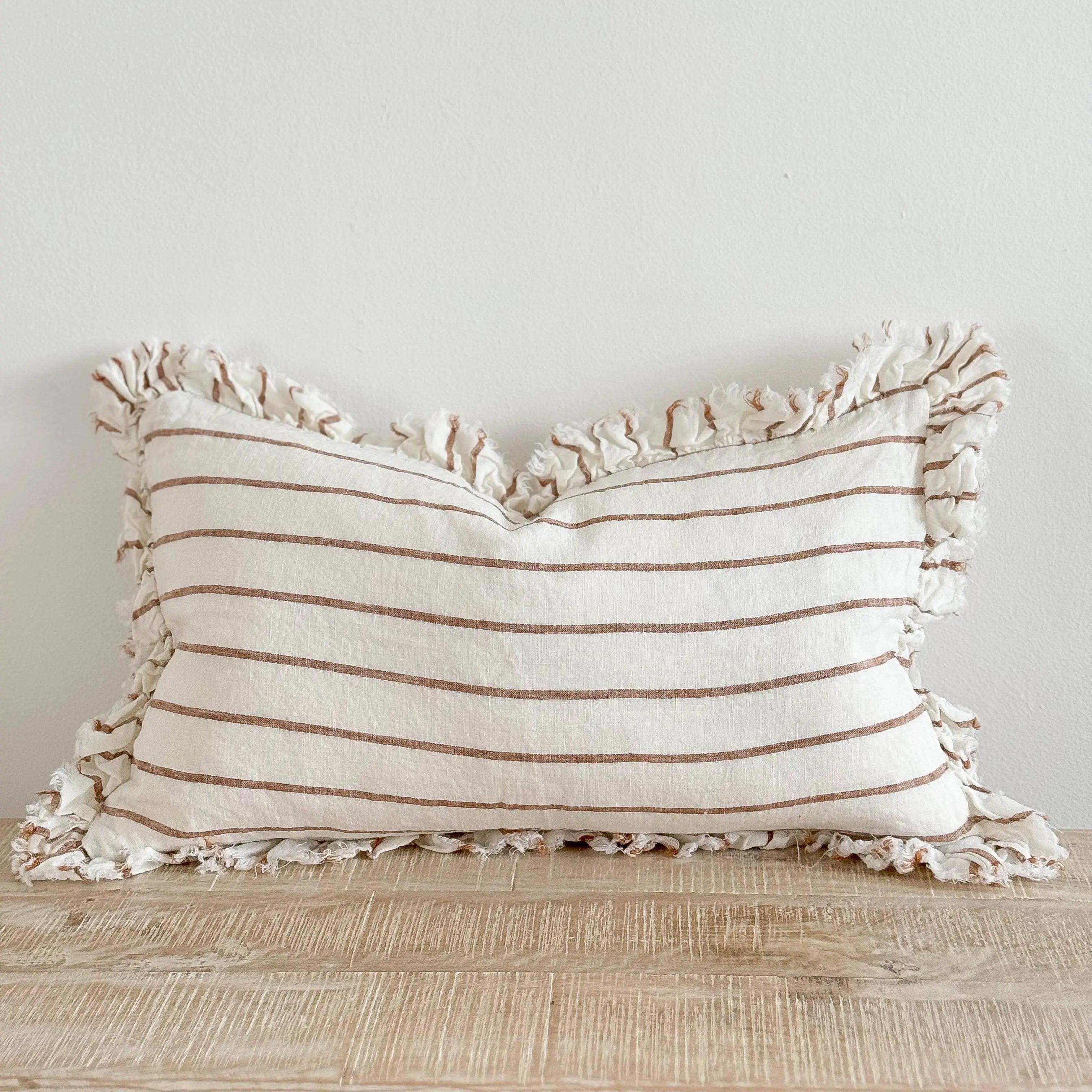 Hallie Ruffled Linen Cushion Cover – Brown & Cream Stripe 50cm × 30cm Ellenvale Trade
