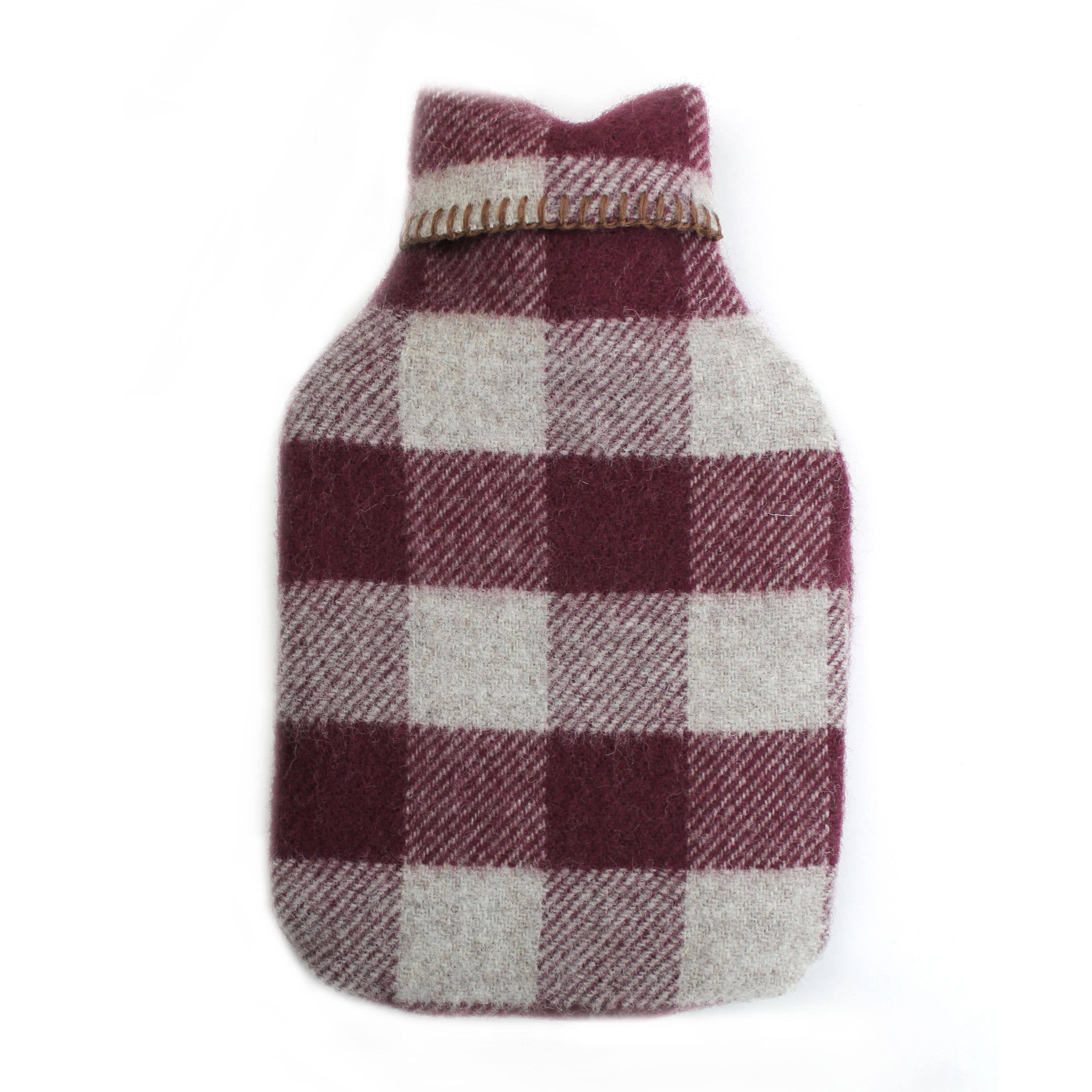 Pure New Wool Hot Water Bottle - Burgandy Check (Includes Cover & Bottle)