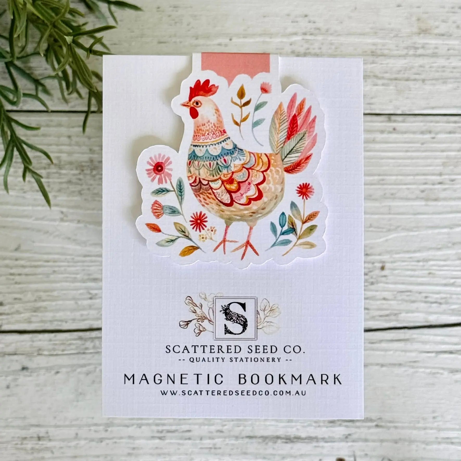 Folk Art Chicken Magnetic Bookmark – Pink Chicken