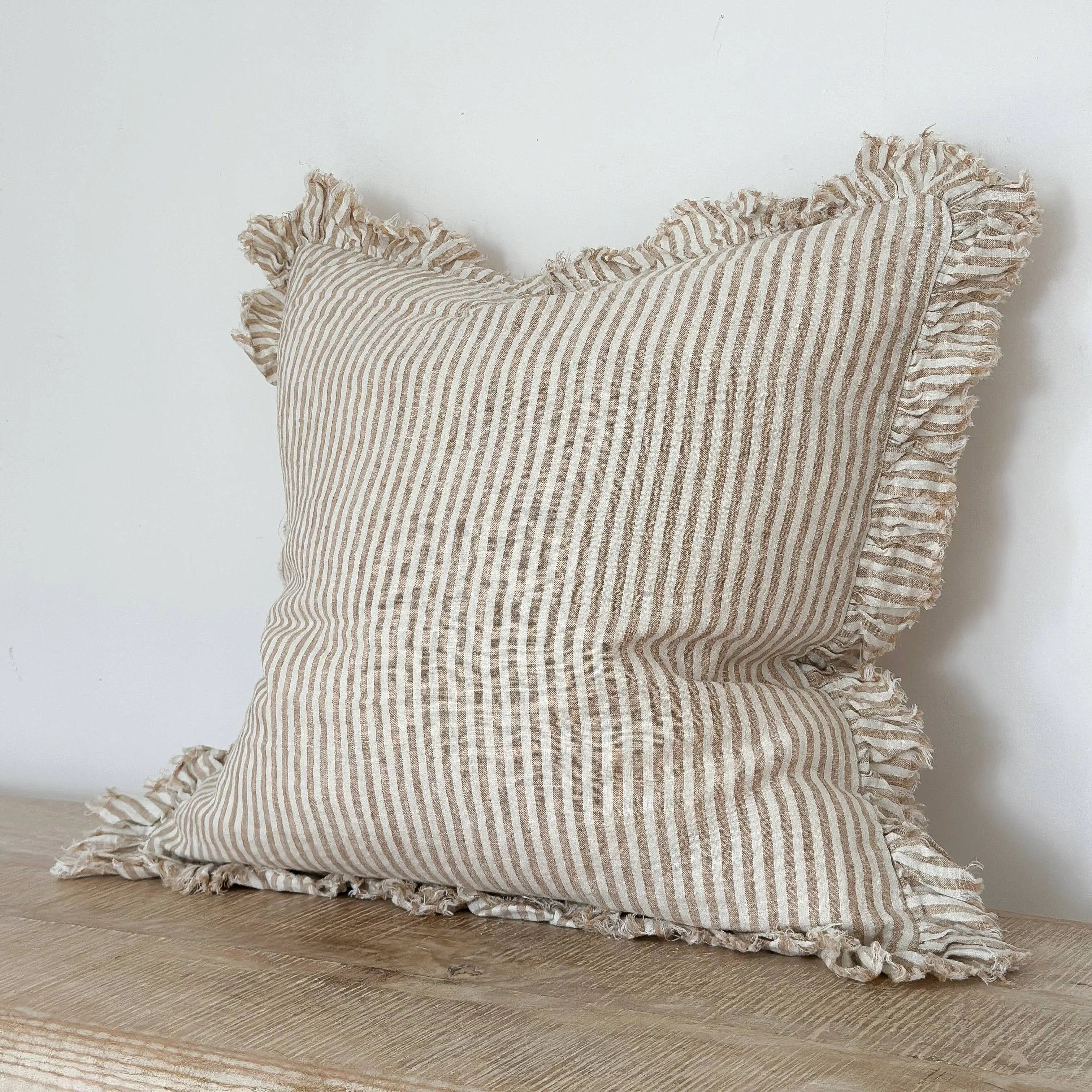 Hallie Ruffle Linen Cushion Cover – Light Brown Stripe : 45 x 45 cm Ellenvale Trade