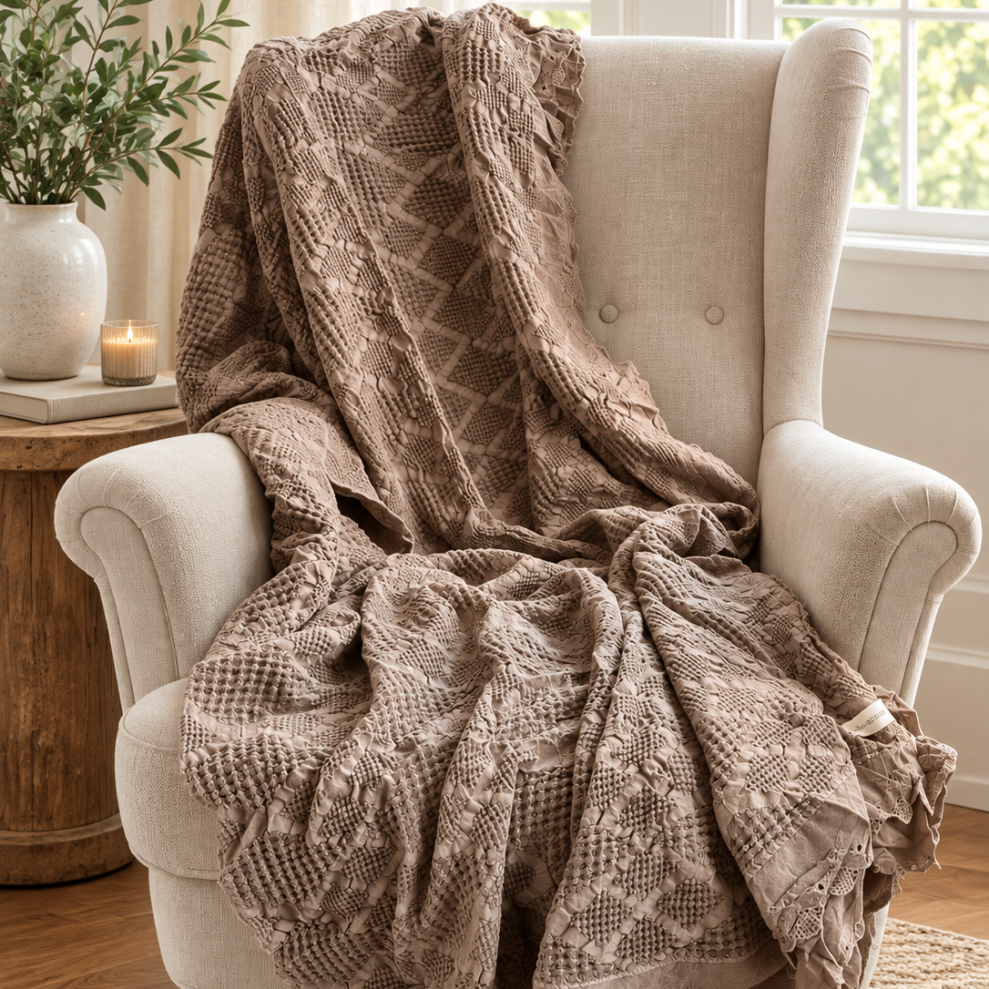 Organic Cotton Waffle Textured Ruffle Throw - Milk Chocolate - 150 x 200