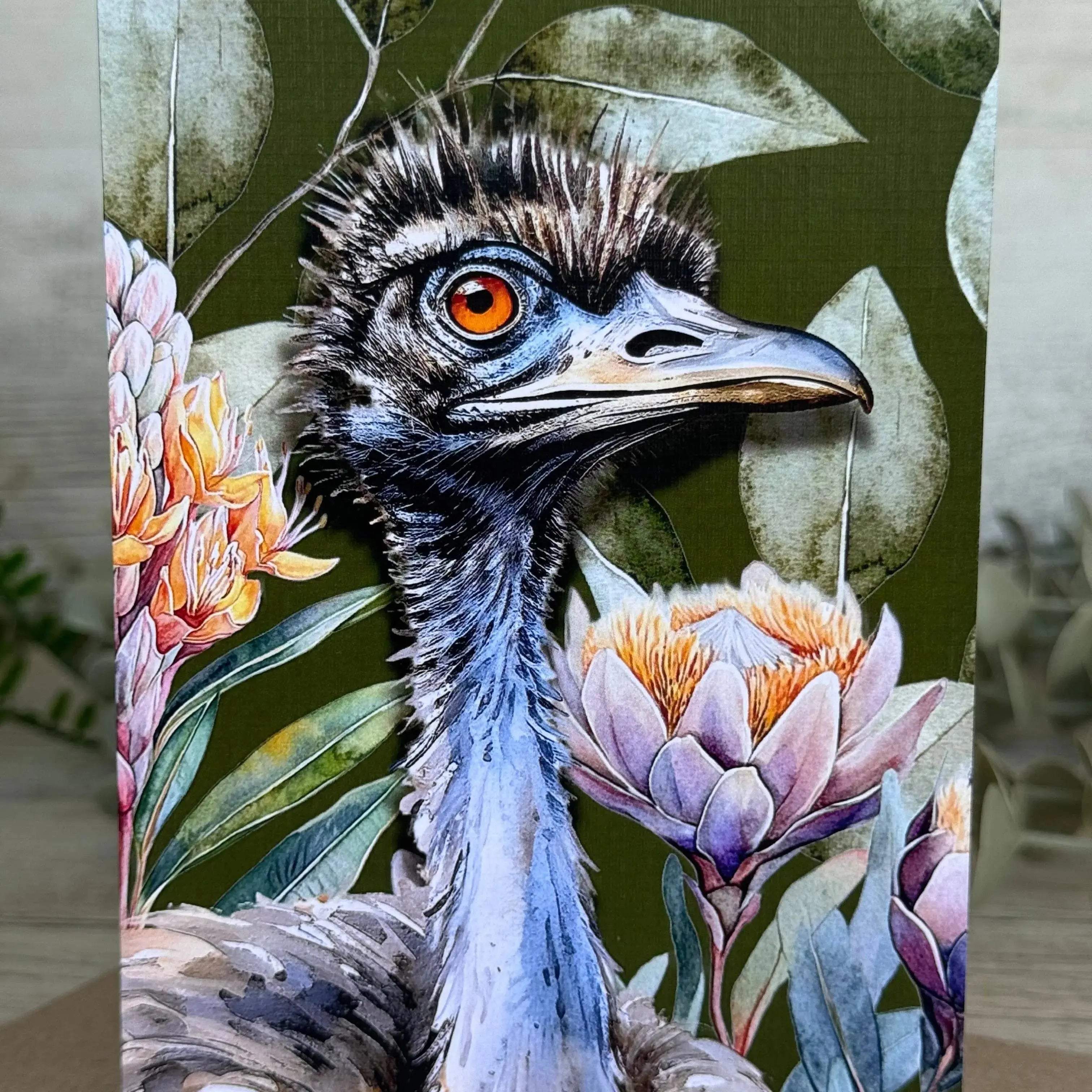 Australian Emu on Native Florals – Greeting Card Scattered Seed Co
