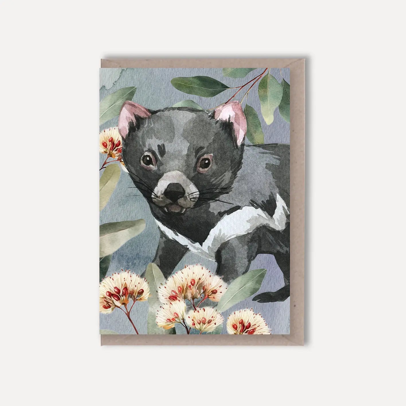 Australian Watercolour Tasmanian Devil on Australian Flora greeting card Scattered Seed Co