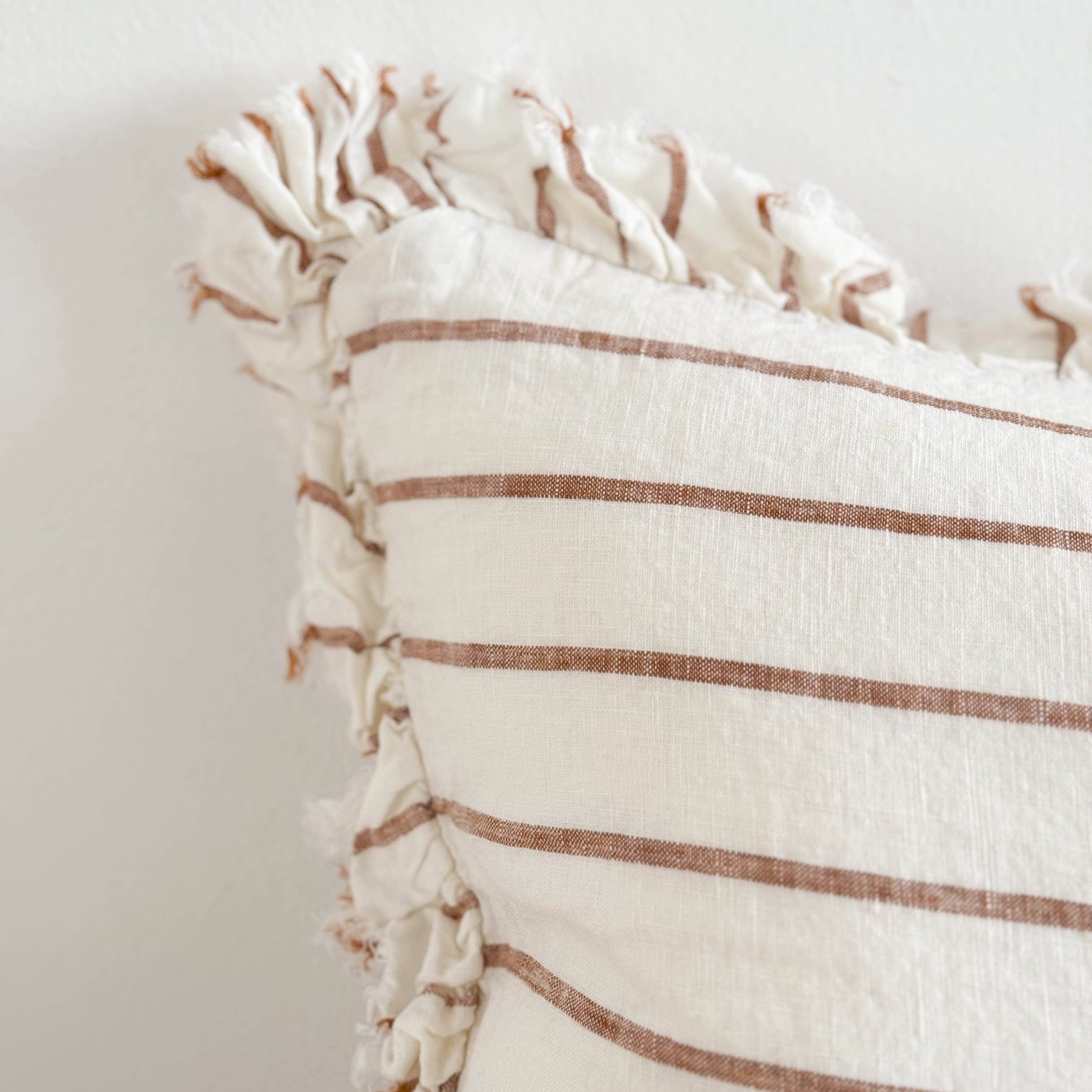 Hallie Ruffled Linen Cushion Cover – Brown & Cream Stripe 50cm × 30cm Ellenvale Trade