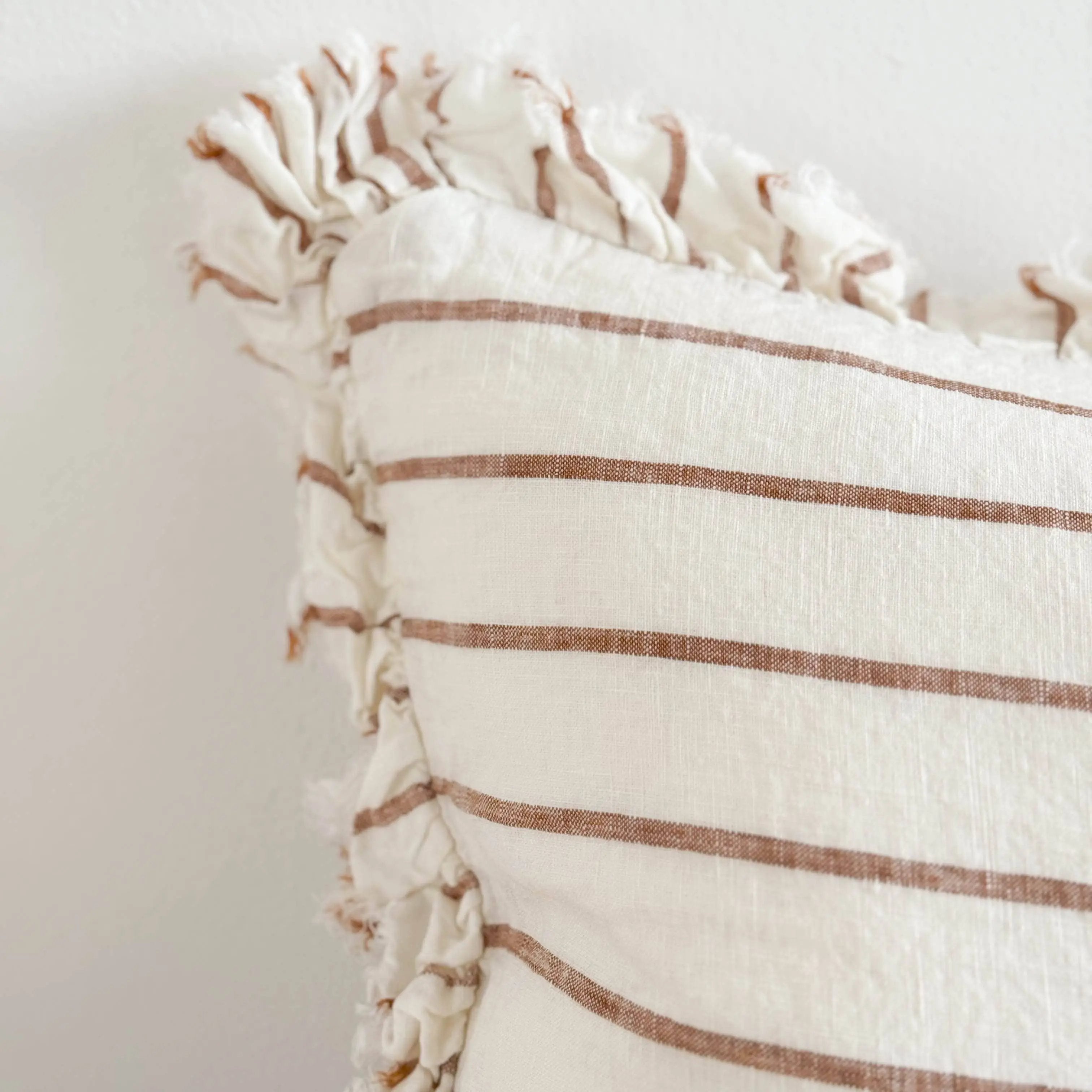 Hallie Ruffled Linen Cushion Cover – Brown & Cream Stripe 50cm × 30cm Ellenvale Trade