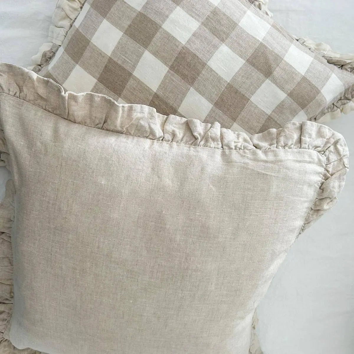 Reversible Linen Ruffle Cushion Cover Only - Natural Gingham - Natural - Barrington Country Homewares