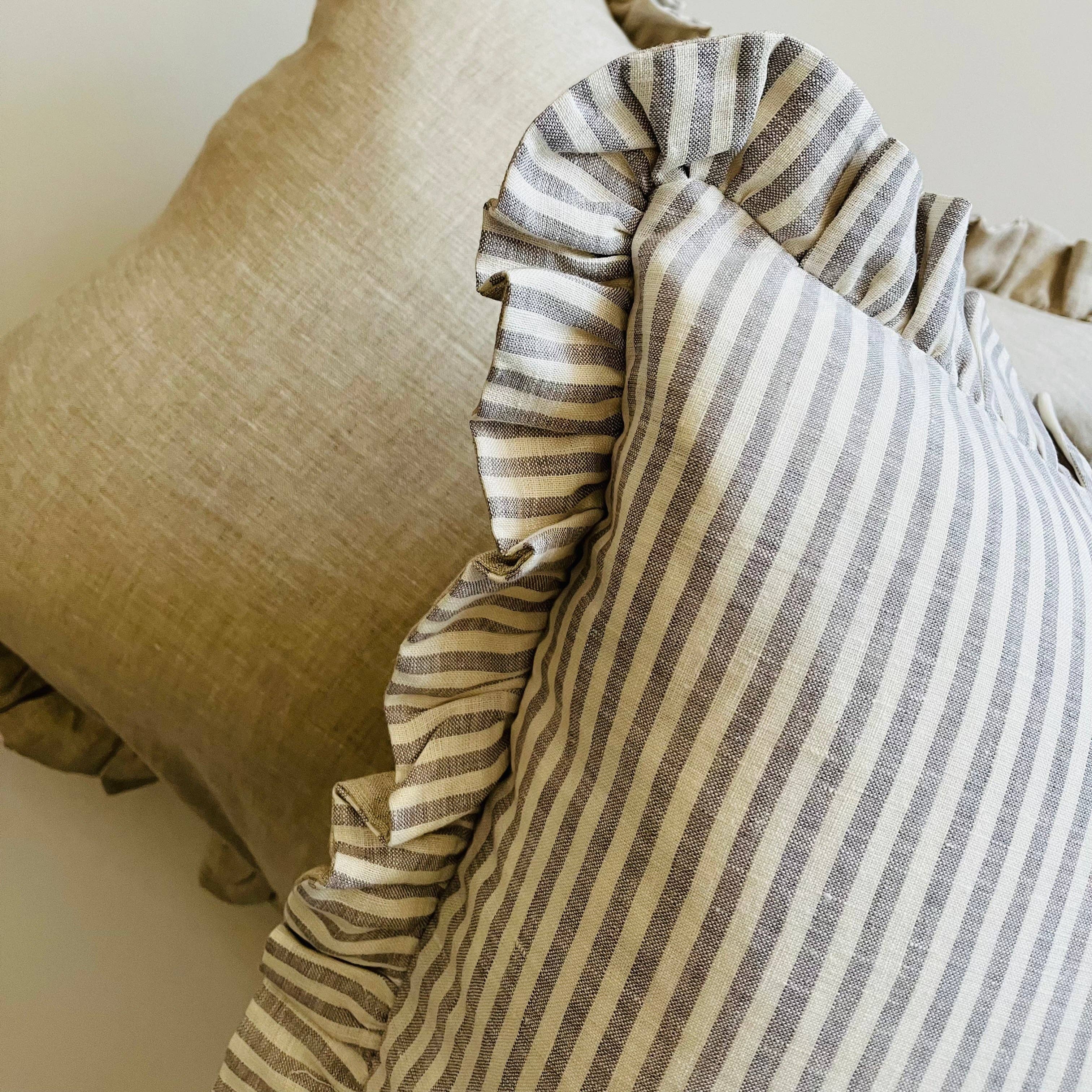 Pure Linen Reversible Ruffle Cushion Cover - Grey Stripe - Natural Mama and Tochter