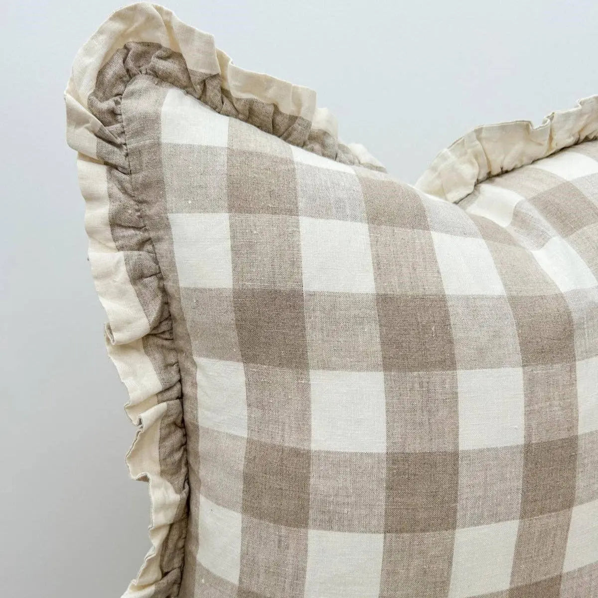 Reversible Linen Ruffle Cushion Cover Only - Natural Gingham - Natural - Barrington Country Homewares