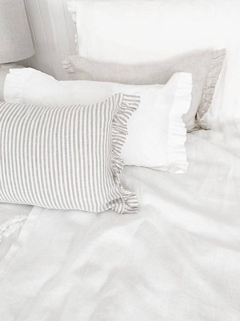 Linen Lumbar Cushion Cover with Ruffle Ends - Grey Stripe 30x50 Mama and Tochter