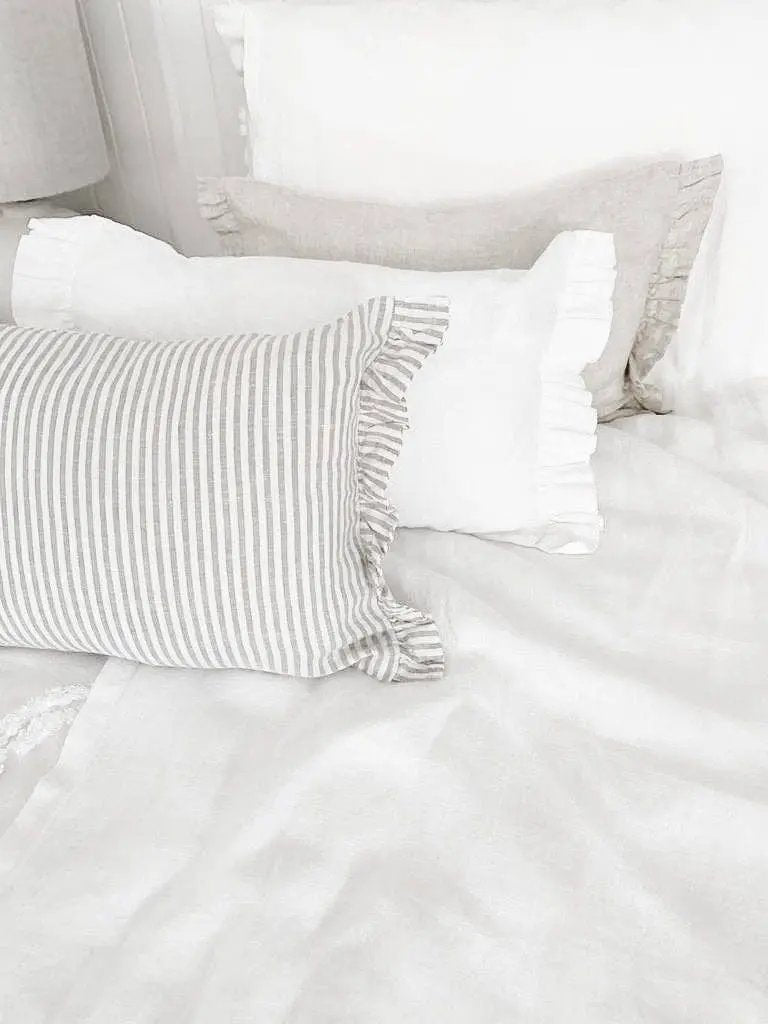 Linen Lumbar Cushion Cover with Ruffle Ends - Grey Stripe 30x50 Mama and Tochter