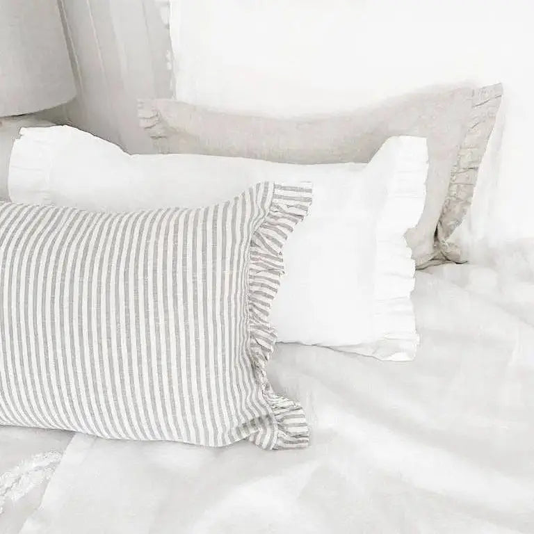 Linen Lumbar Cushion Cover with Ruffle Ends - Grey Stripe 30x50 Mama and Tochter