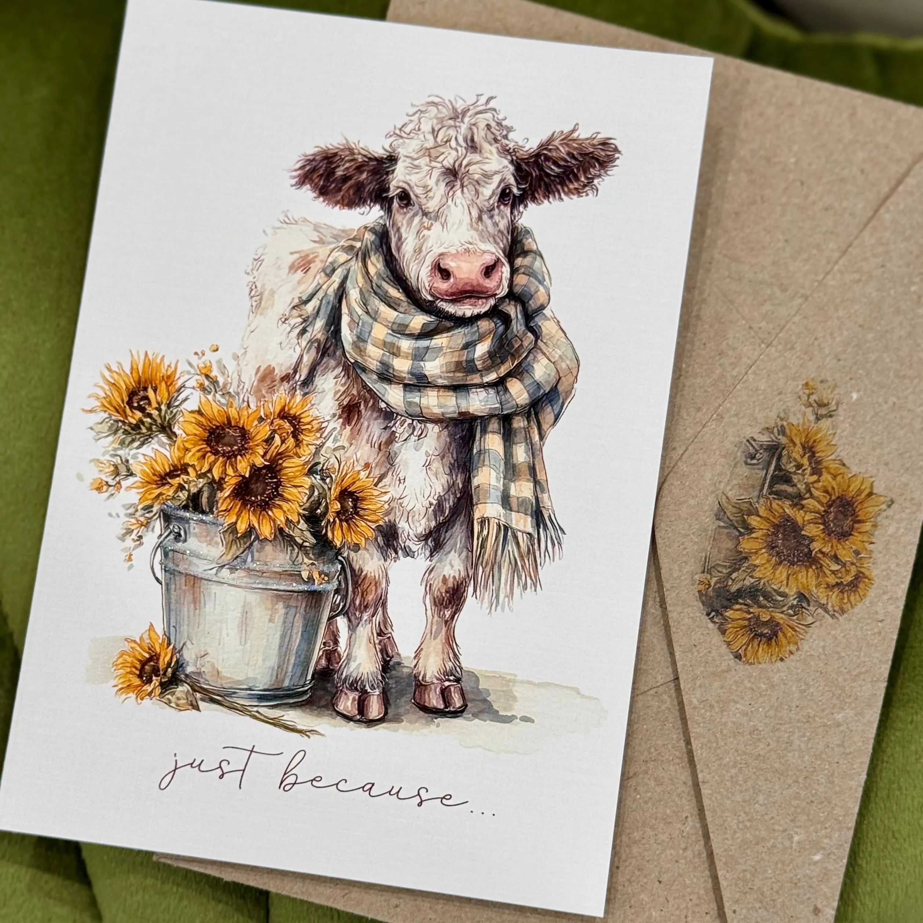 Cow & Sunflowers – "Just Because" Greeting Card