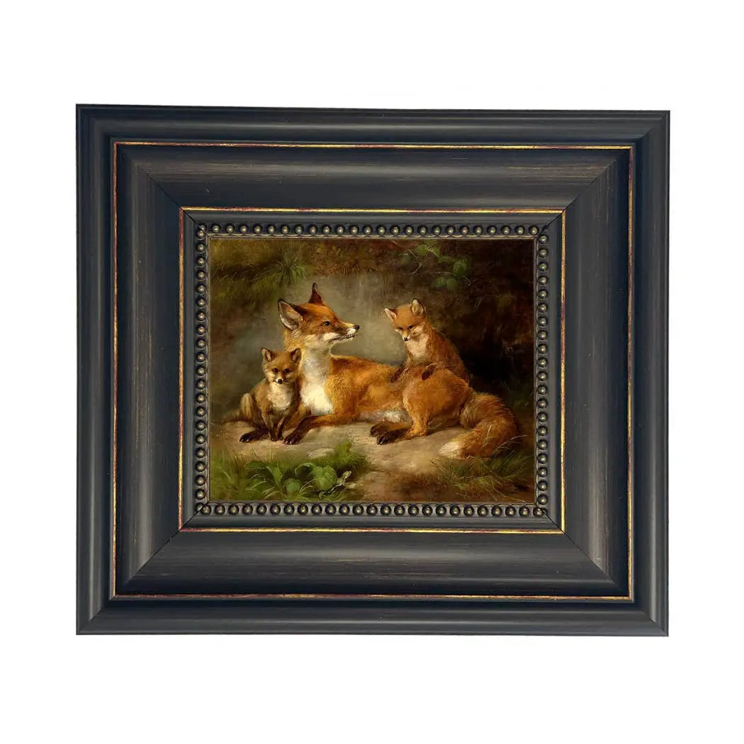 Family of Foxes – Vintage Painting Print on Canvas (Wide Distressed Black/Copper-Bead Frame)