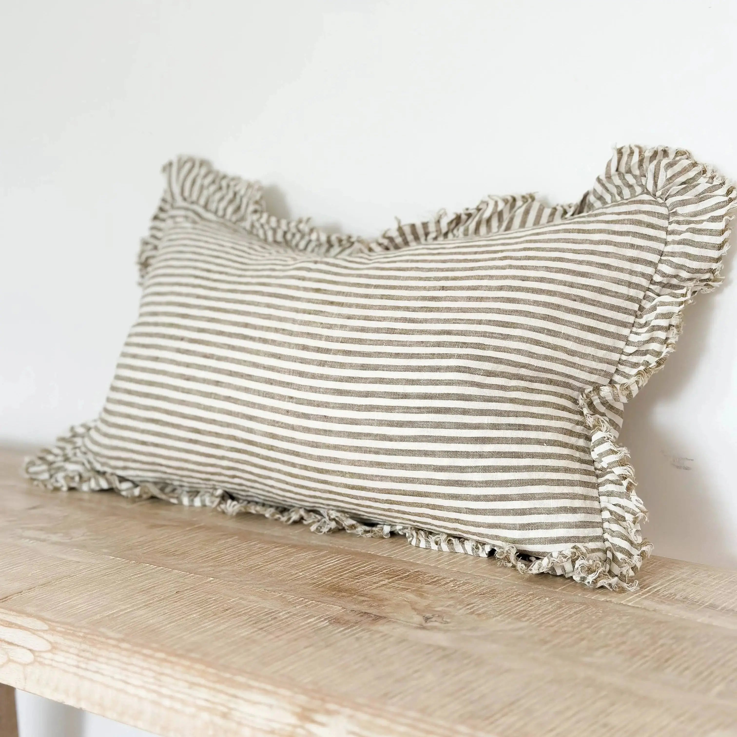 Hallie Ruffled Linen Cushion Cover 50x30 – Olive Stripe Ellenvale Trade