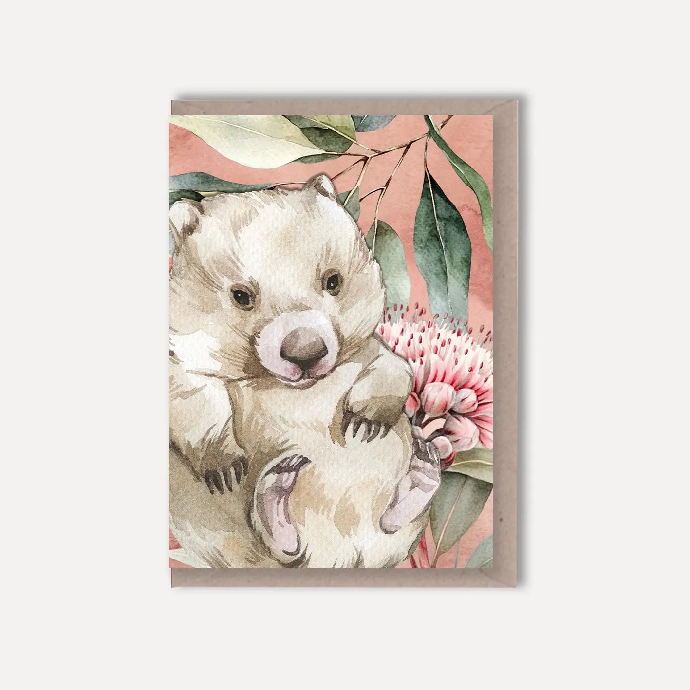 Australian Watercolour Wombat on Australian Flora greeting card Scattered Seed Co