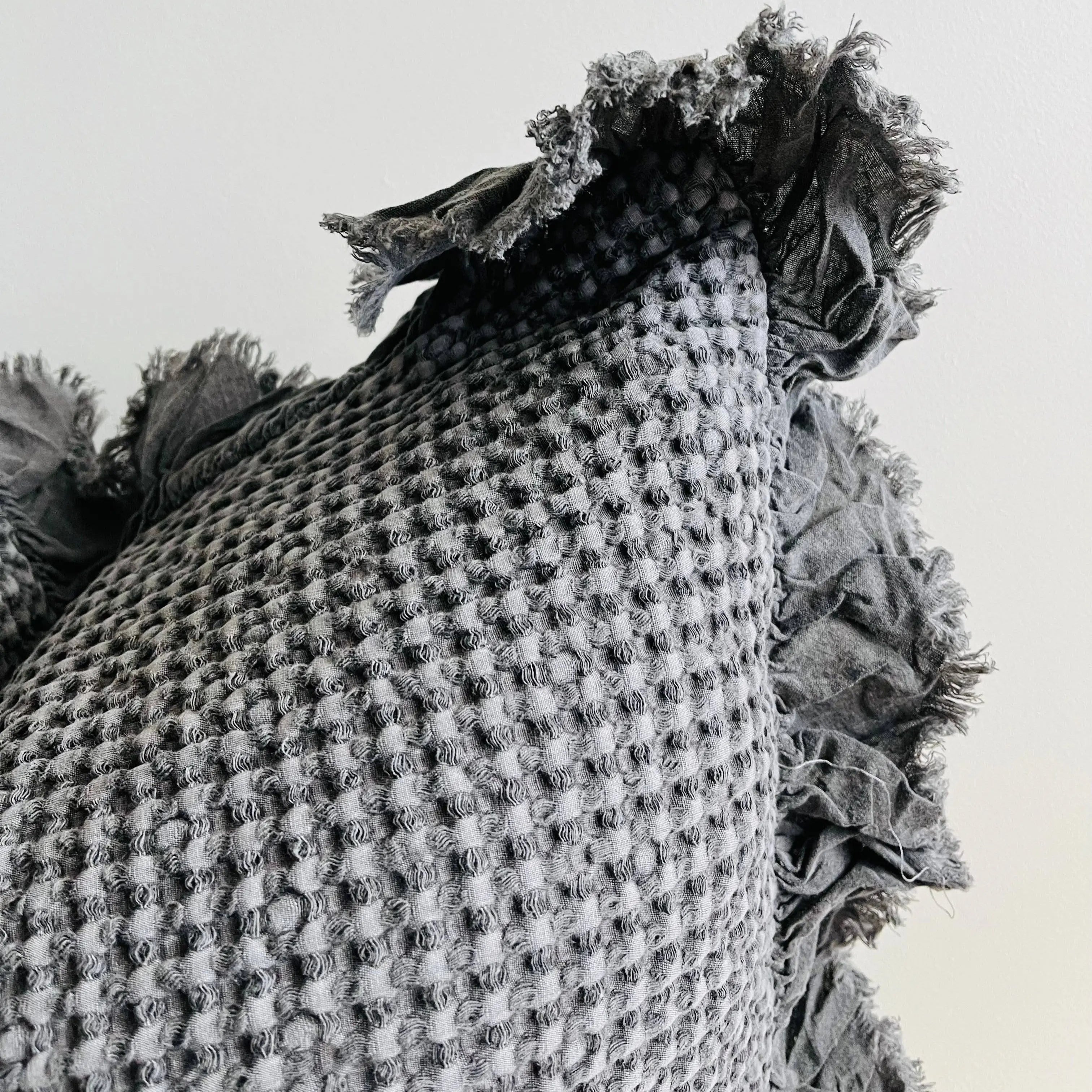 Organic Cotton Waffle Ruffle Charcoal Cushion Cover Only - Barrington Country Homewares