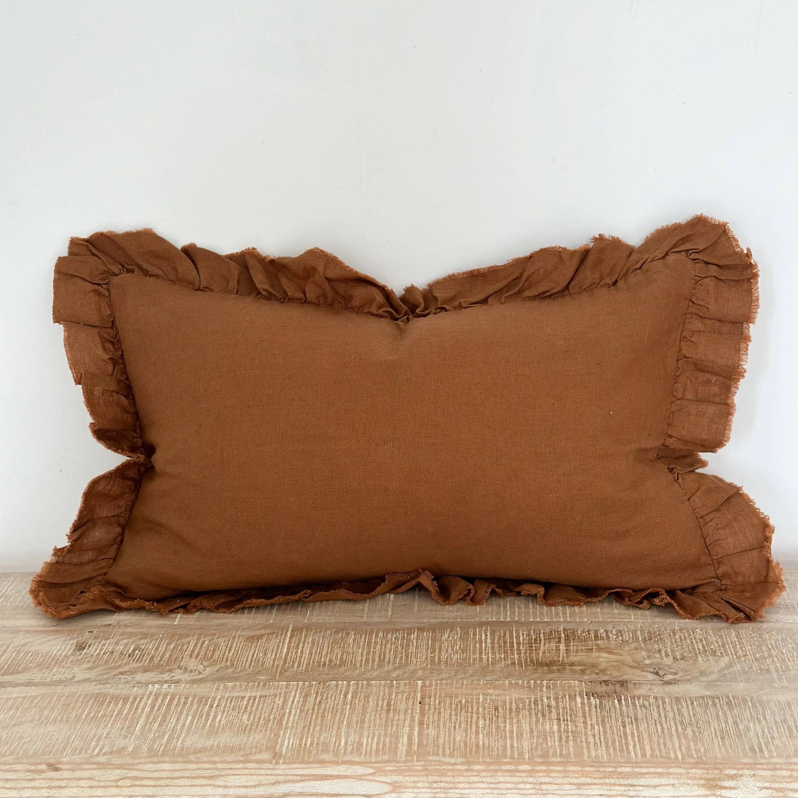 Hallie Ruffled Linen Cushion Cover – Rust 50 × 30 cm