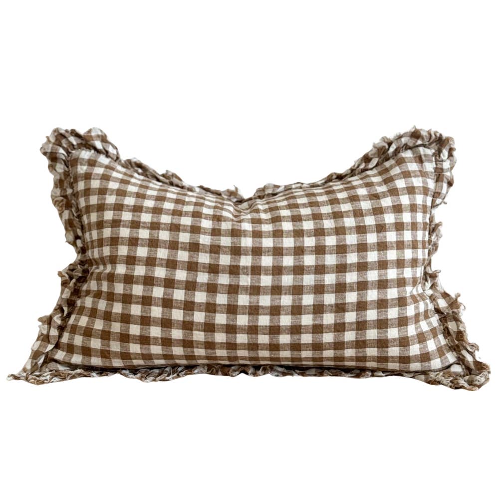 Hallie Ruffled Linen Cushion Cover – Brown Gingham (50 × 30 cm)