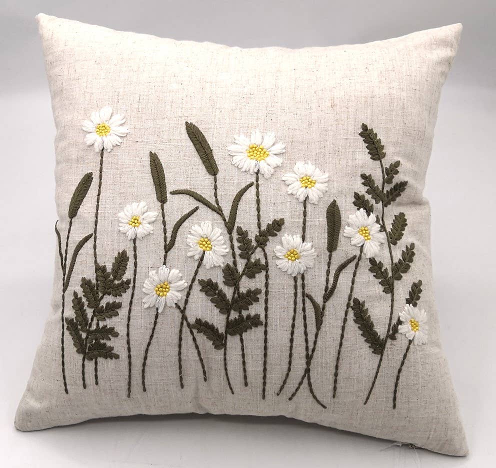 Hand-Embroidered Daisy Cushion Cover – 45 × 45 cm