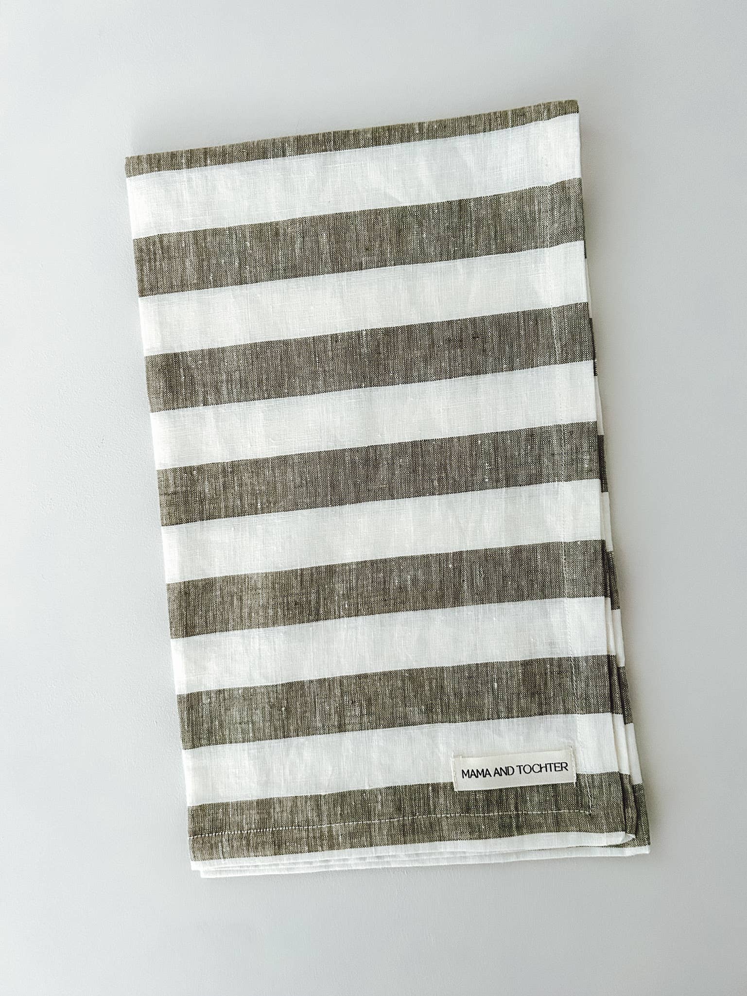 Pure French Linen Tea Towel - Wide Olive Stripe Mama and Tochter