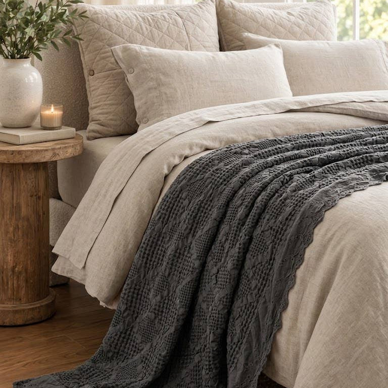 Organic Cotton Waffle Textured Ruffle Throw - Charcoal - 150 x 200