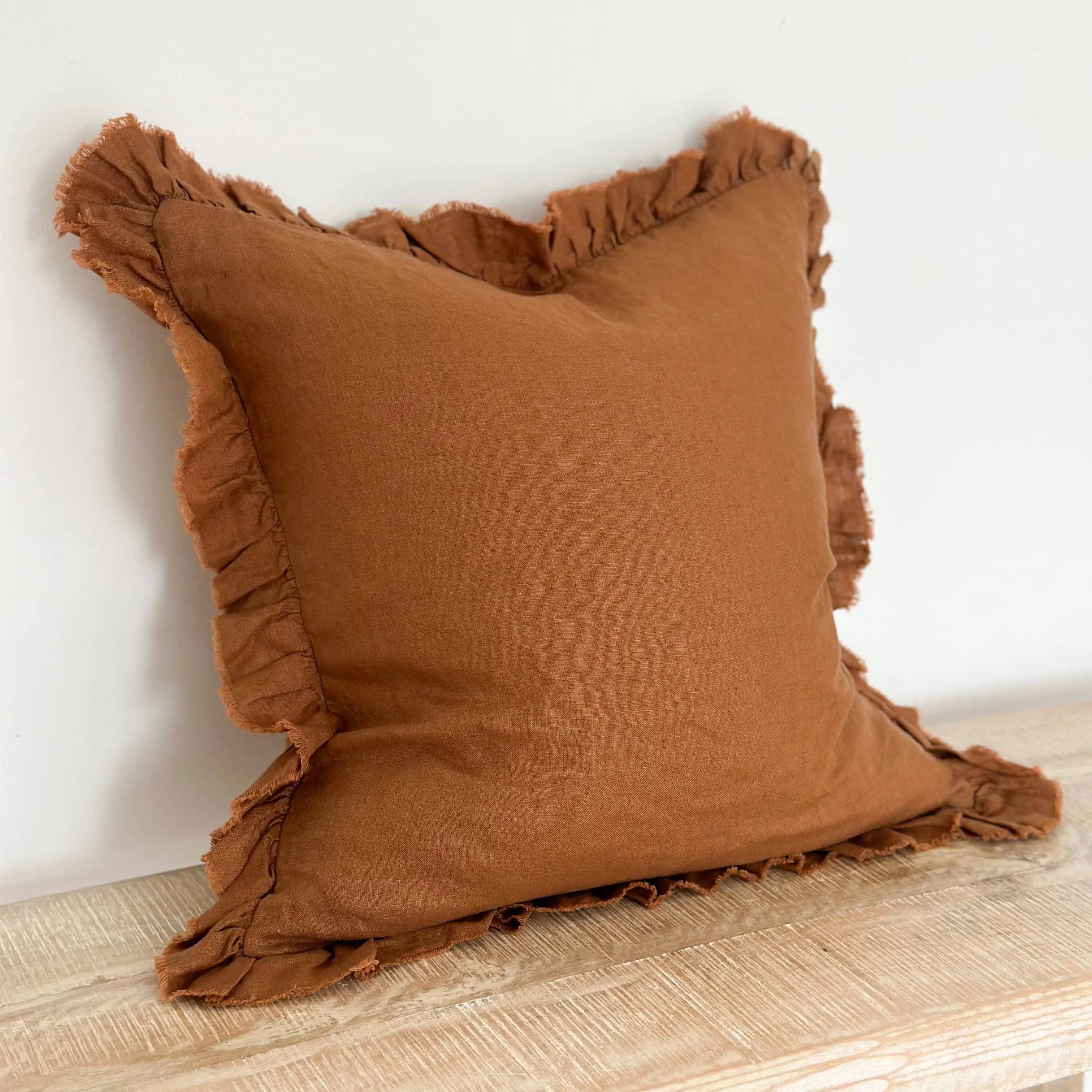 Hallie Ruffled Linen Cushion Cover – Rust 45 x 45cm