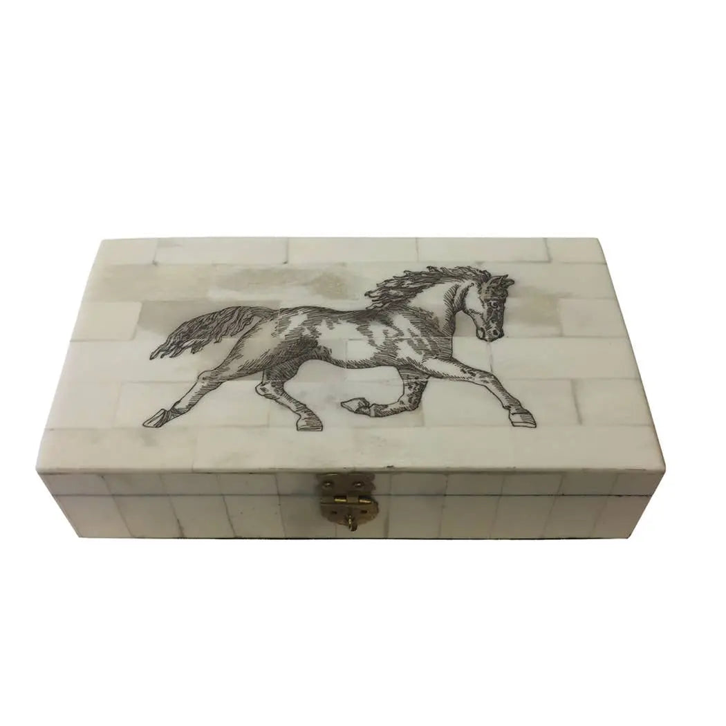 Horse Equestrian Engraved Bone Box Small Madison Bay Co. - Historical Home Decor Reproductions