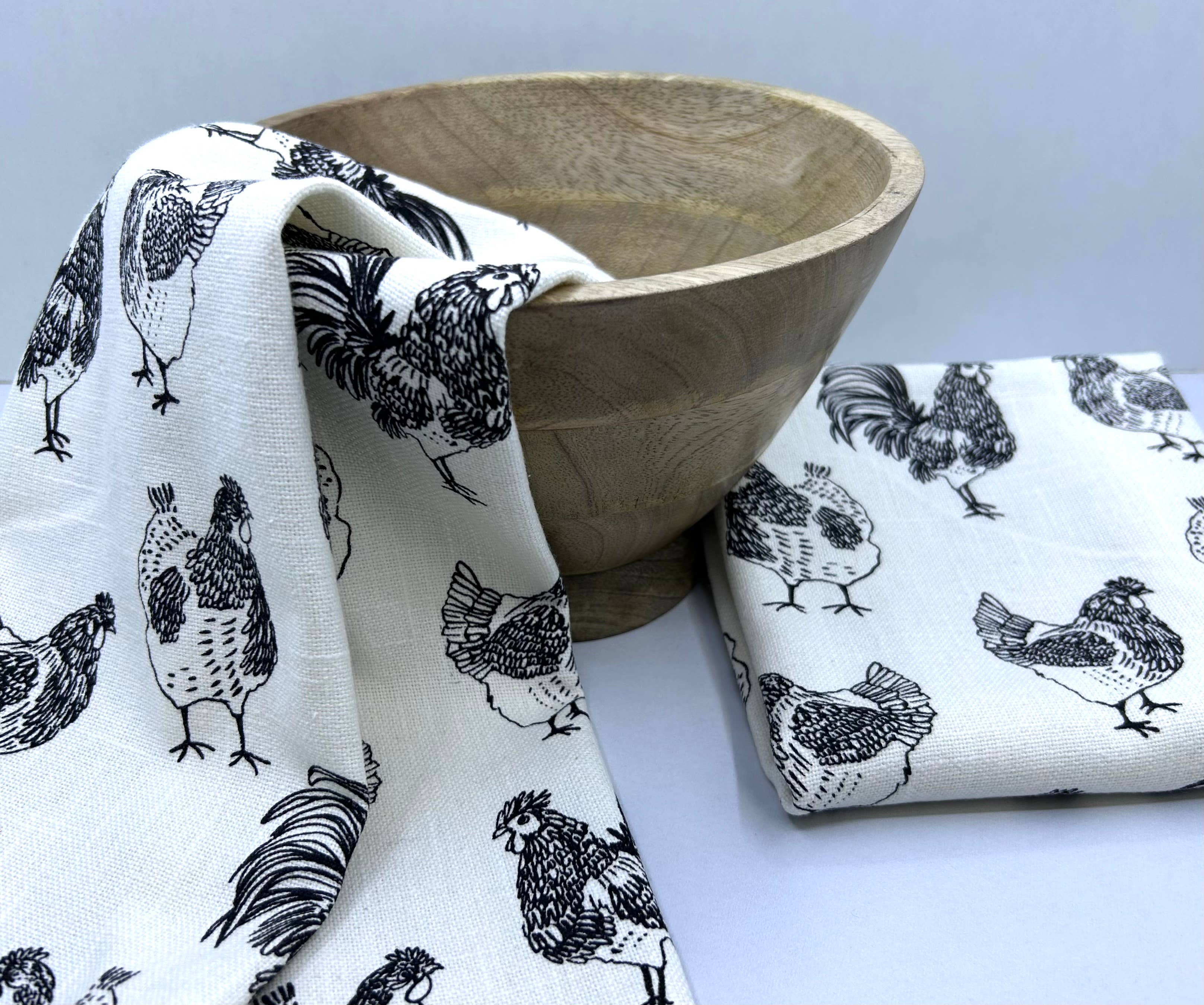 Gift Set – Natural Wooden Bowl with Set of 2 Rooster Kitchen Towels Rich Home Linens