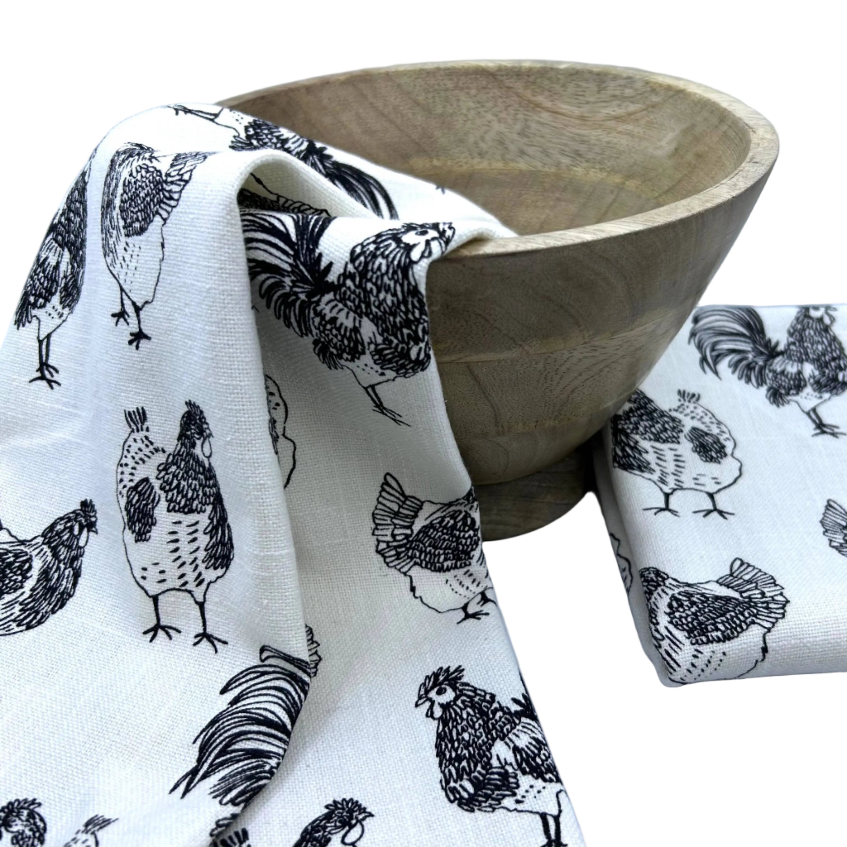 Gift Set – Natural Wooden Bowl with Set of 2 Rooster Kitchen Towels Rich Home Linens