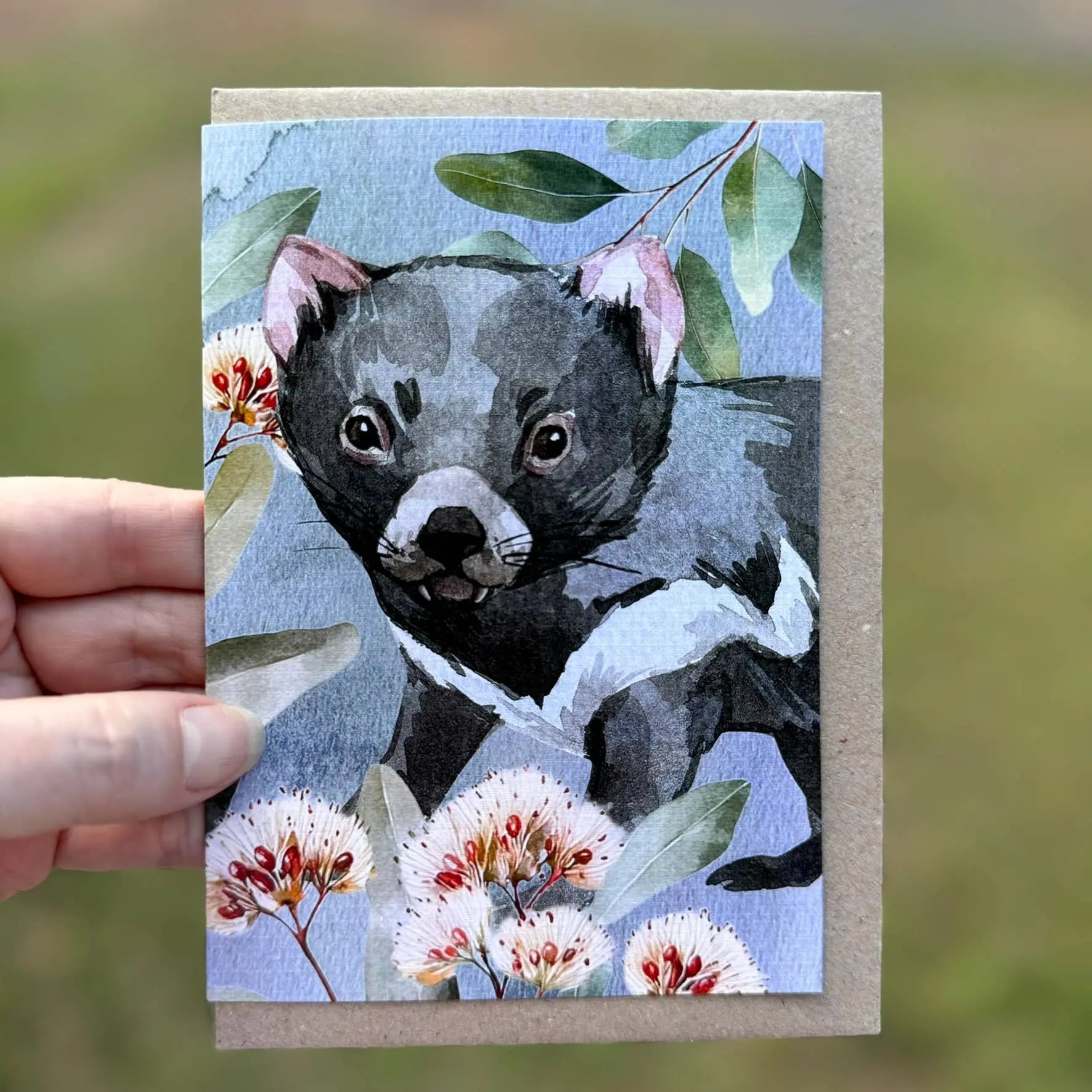 Australian Watercolour Tasmanian Devil on Australian Flora greeting card Scattered Seed Co