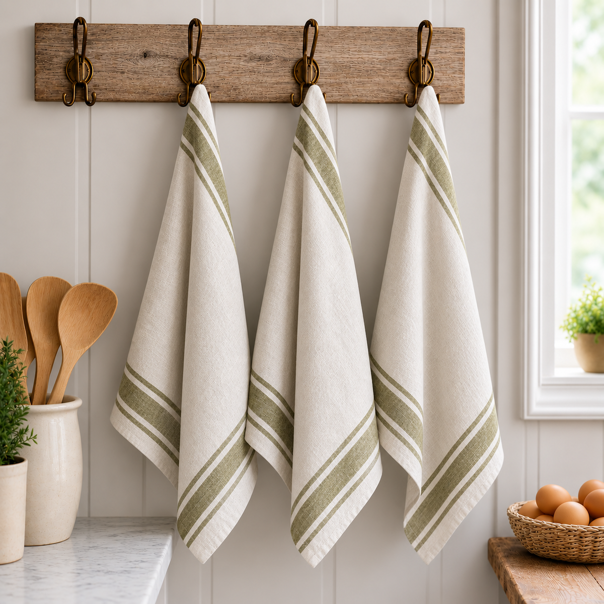 Pure French Linen Tea Towel – Vintage Olive Stripe