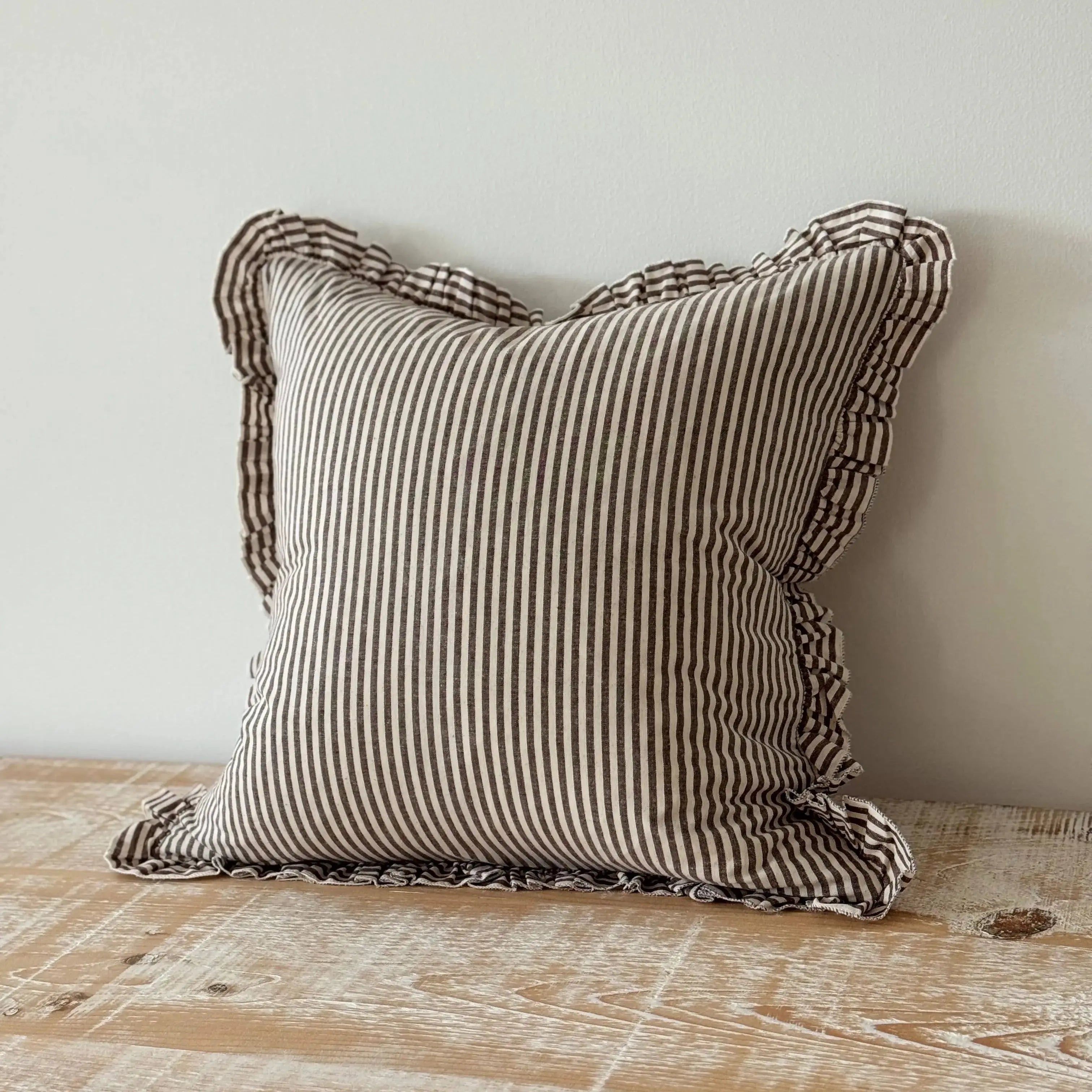 Darcy Ruffle Cotton Cushion Cover 65 x 65 cm – Dark Brown Stripe Ellenvale Trade