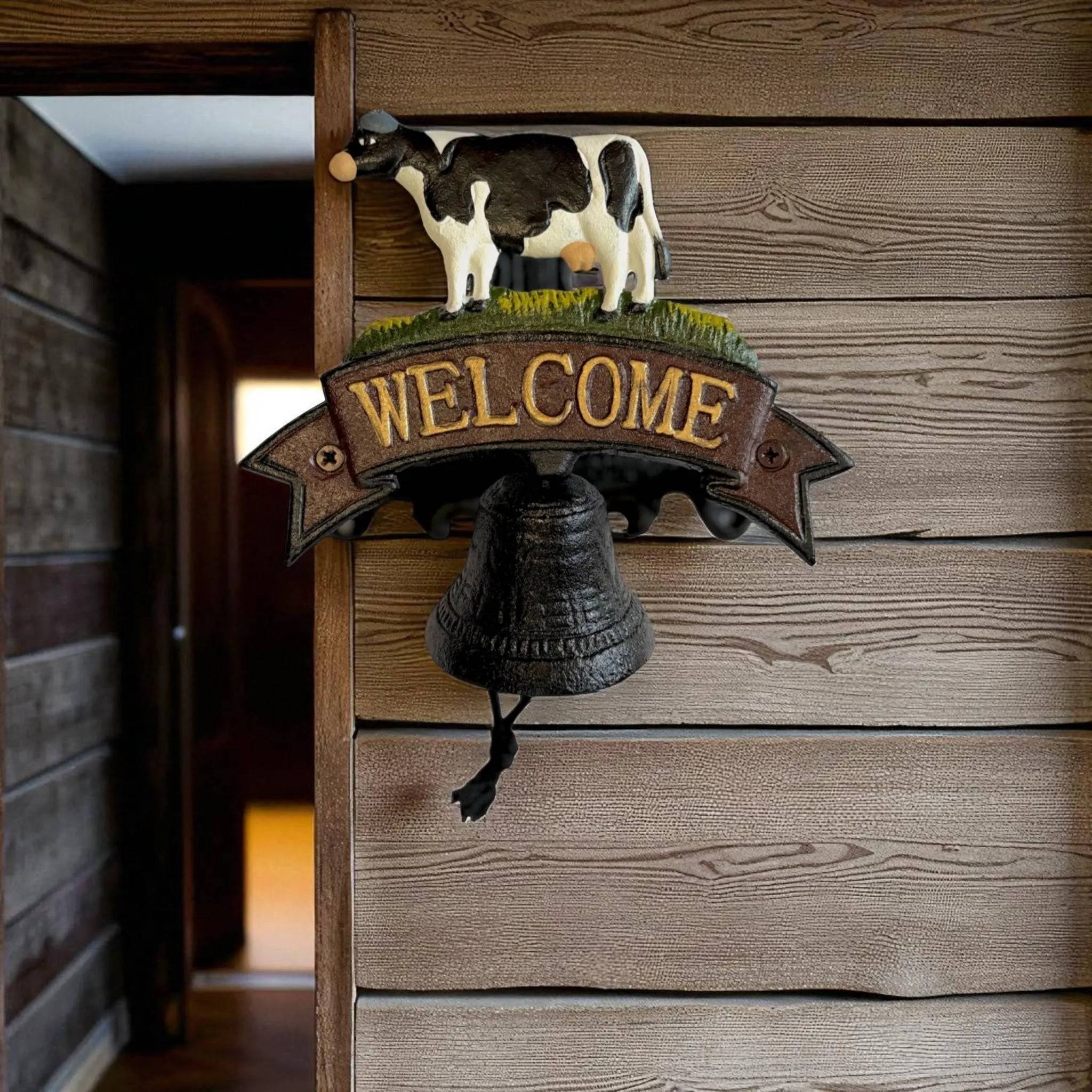 Rustic Cast Iron Cow Welcome Bell Sign – Farmhouse Door Decor Iron & Blossom
